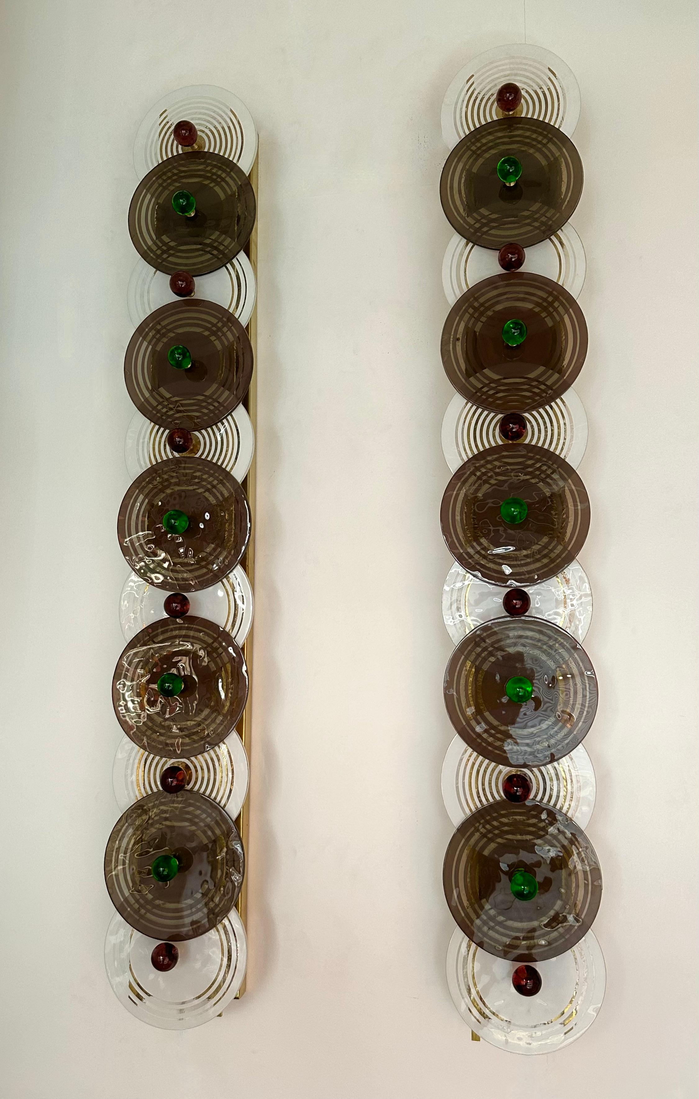 Large Contemporary Pair of Brass and Circle Disc Murano Glass Sconces, Italy For Sale 5