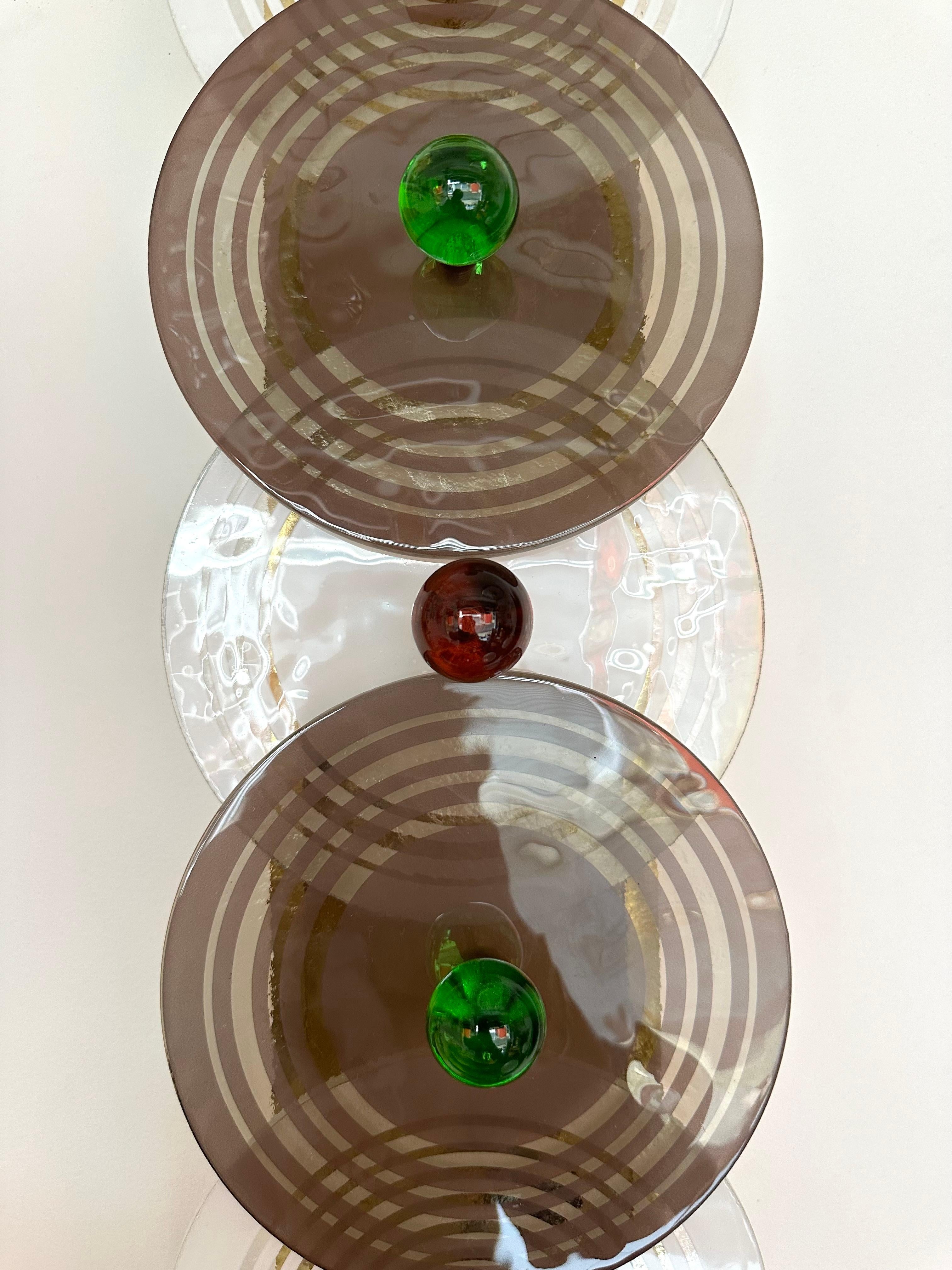Large Contemporary Pair of Brass and Circle Disc Murano Glass Sconces, Italy For Sale 6