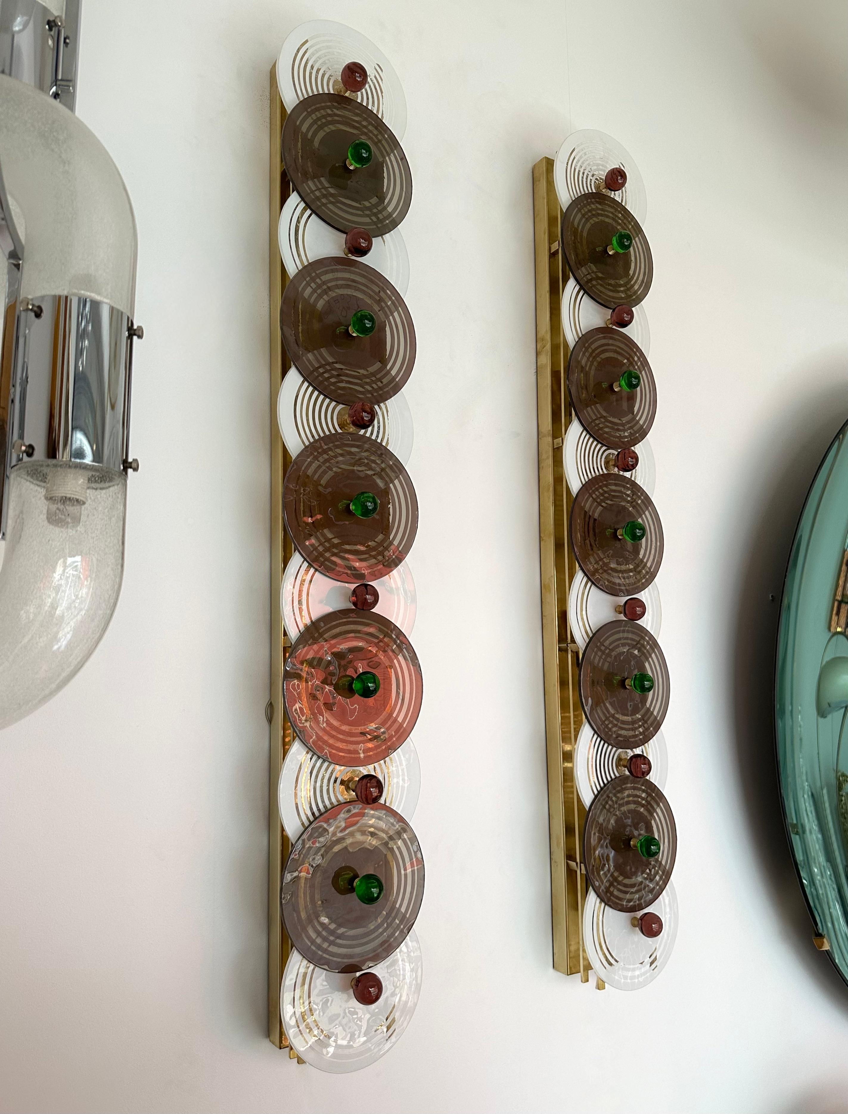 Large Contemporary Pair of Brass and Circle Disc Murano Glass Sconces, Italy For Sale 8