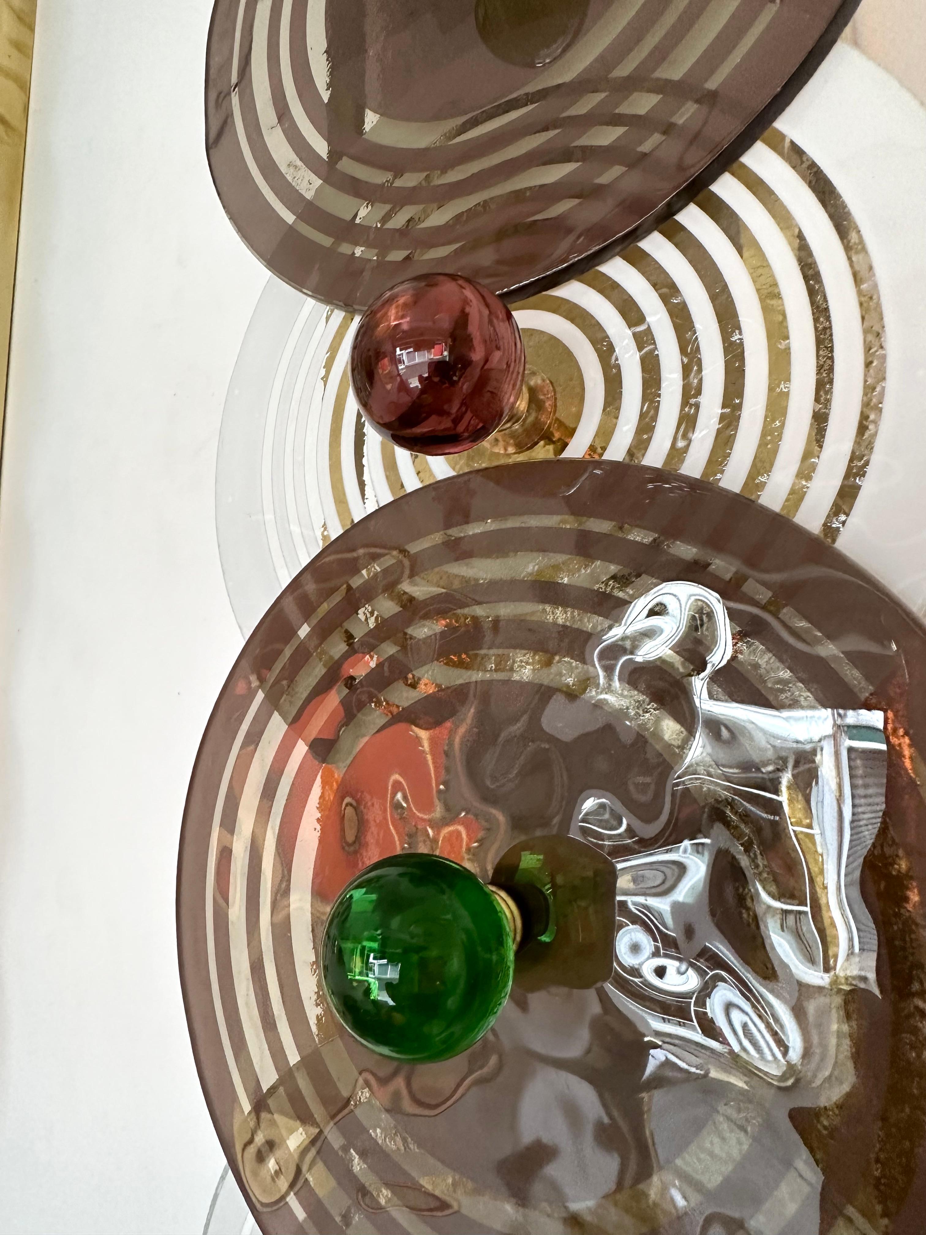 Large tall Pair of white and smoke circle disc Murano glass, pink and green cabochon ball, brass wall lights lightning pannel lamps sconces. Contemporary work from a small artisanal italian design workshop, minor imperfections due to handmade. In