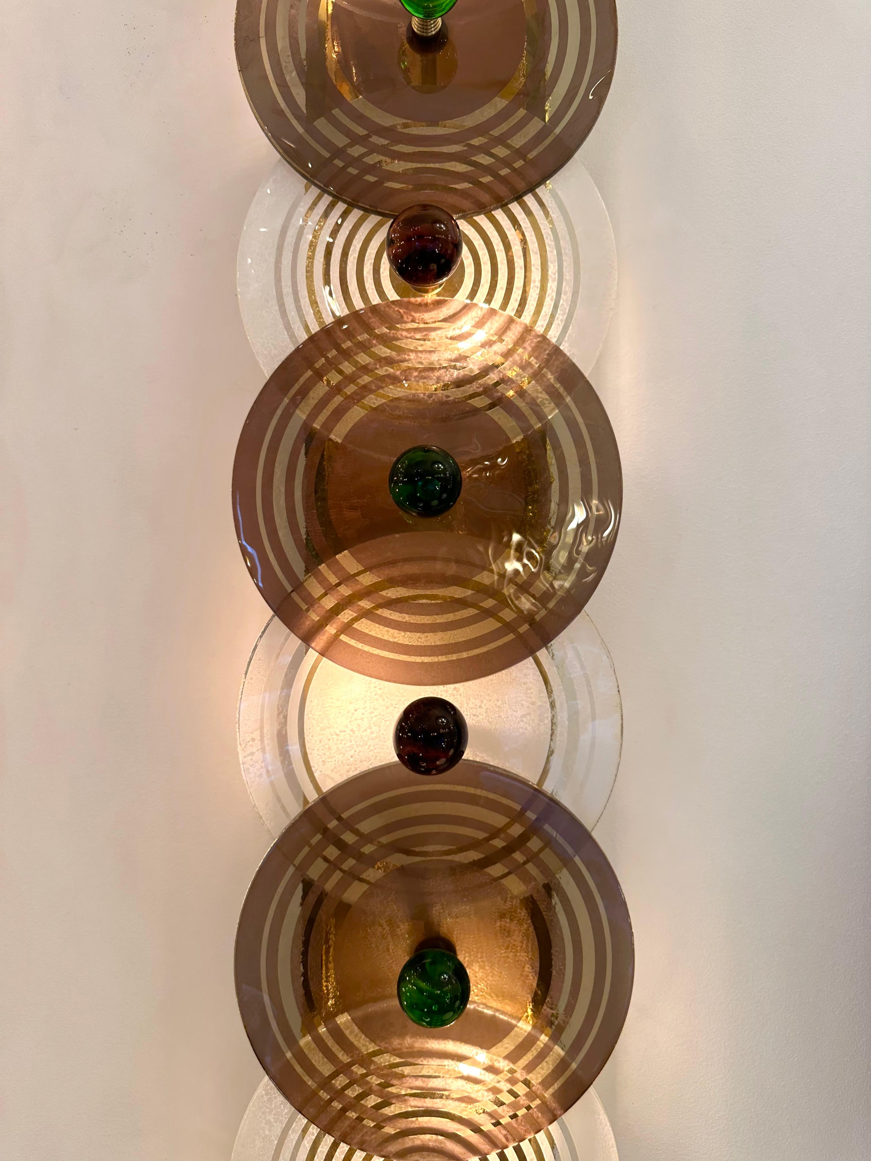 Italian Large Contemporary Pair of Brass and Circle Disc Murano Glass Sconces, Italy For Sale