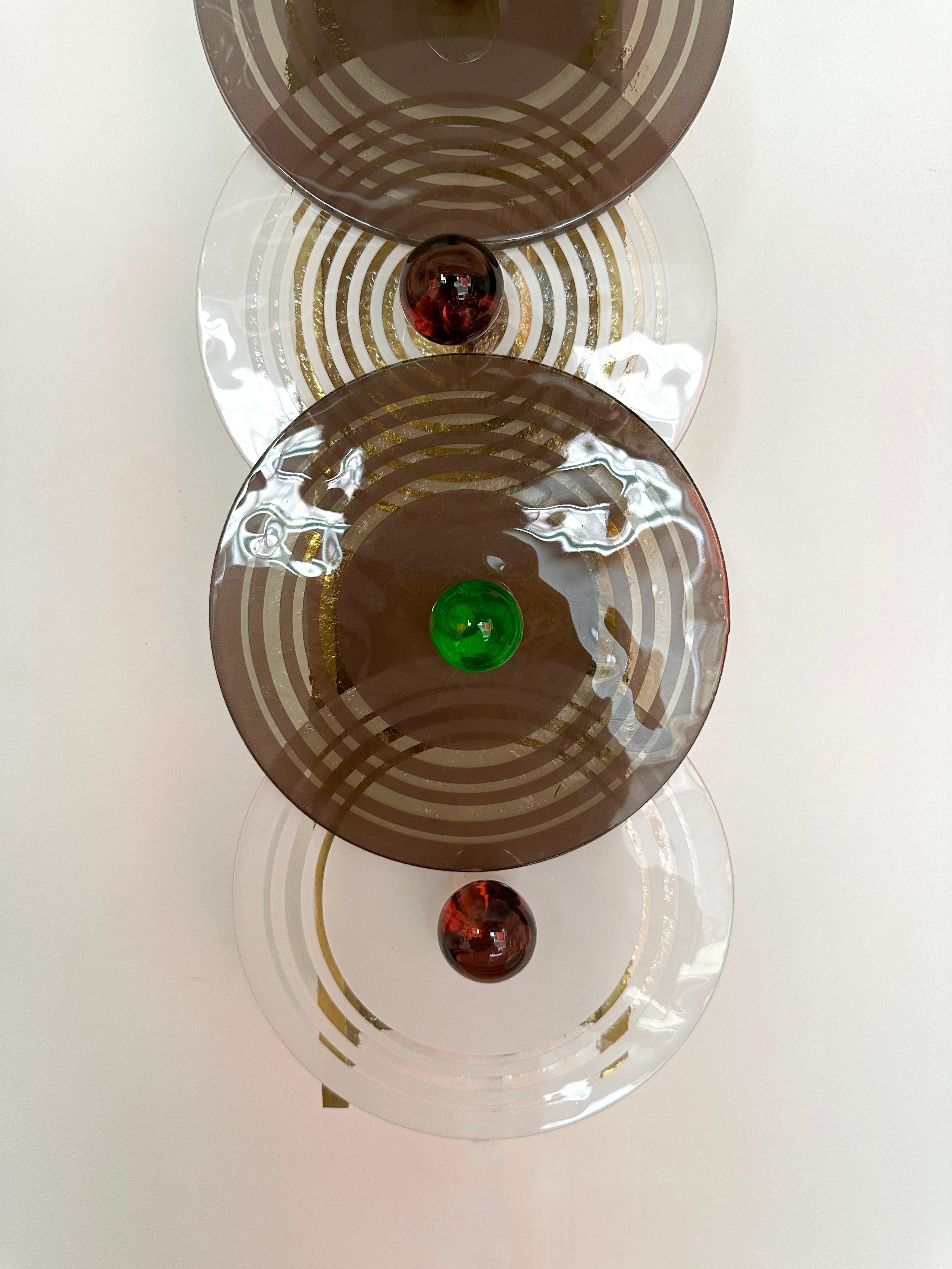 Large Contemporary Pair of Brass and Circle Disc Murano Glass Sconces, Italy For Sale 1