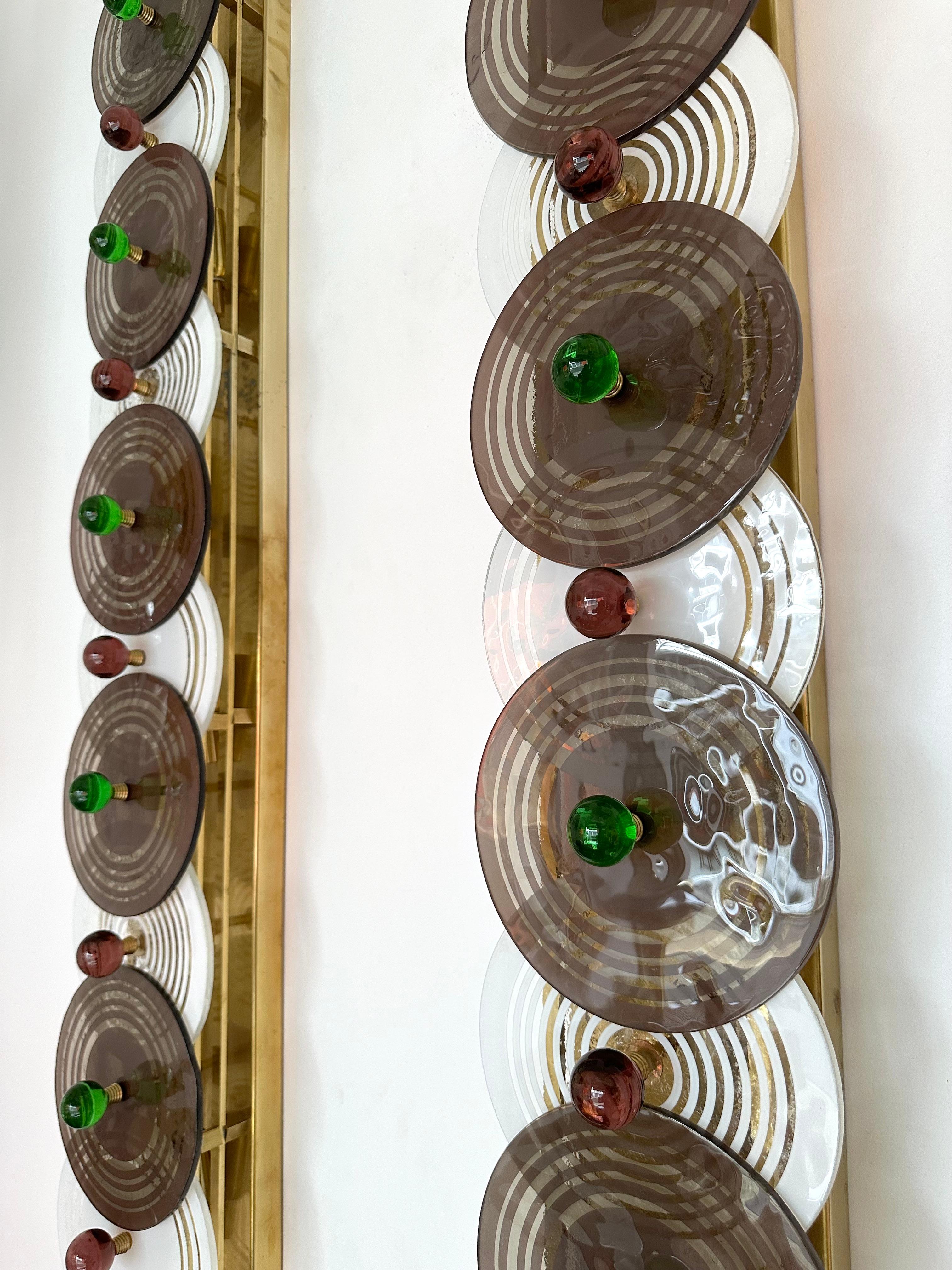 Large Contemporary Pair of Brass and Circle Disc Murano Glass Sconces, Italy For Sale 2