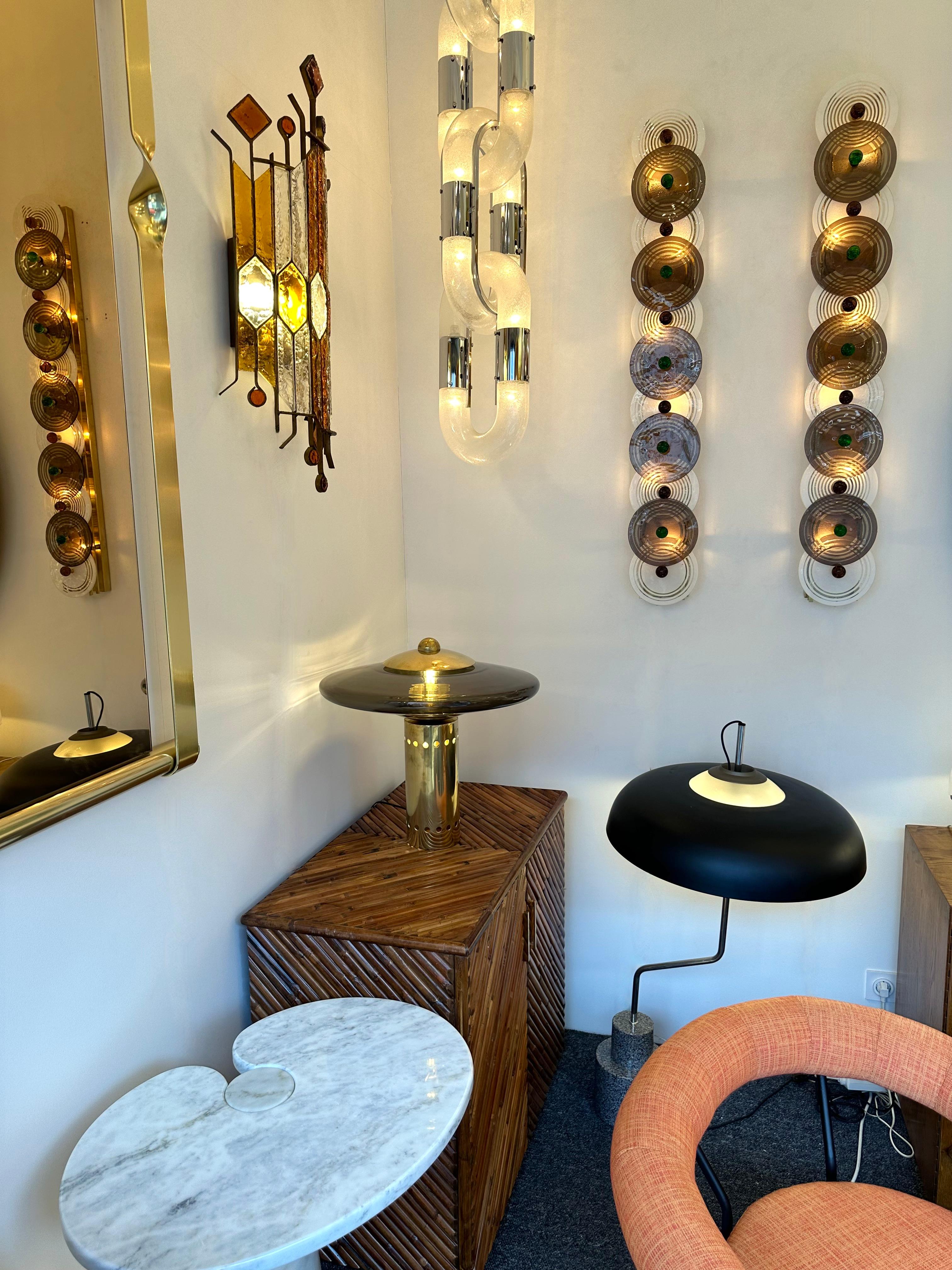 Large Contemporary Pair of Brass and Circle Disc Murano Glass Sconces, Italy For Sale 4