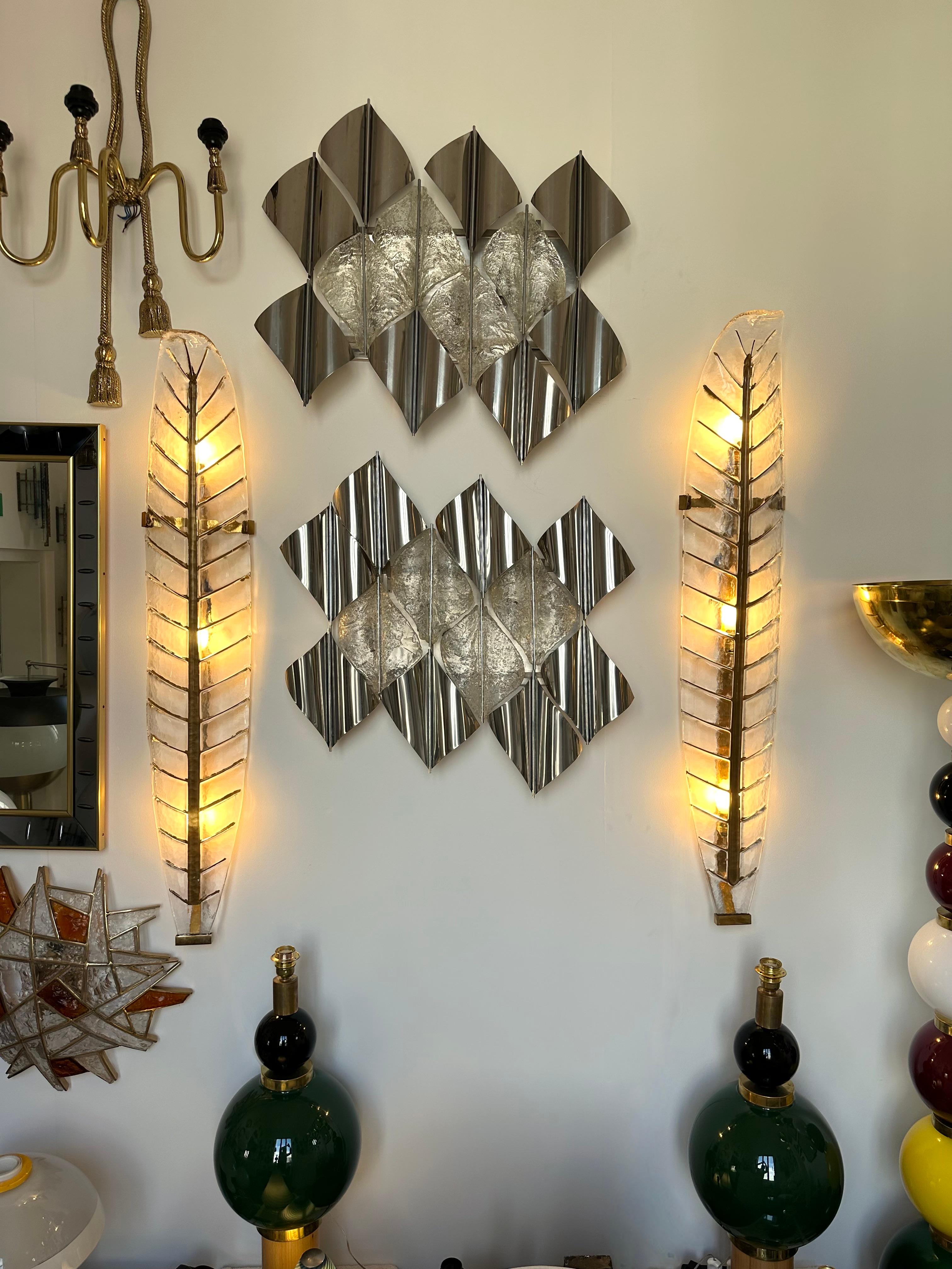 Italian Large Contemporary Pair of Brass and Gilt Murano Glass Palm Tree Sconces, Italy For Sale