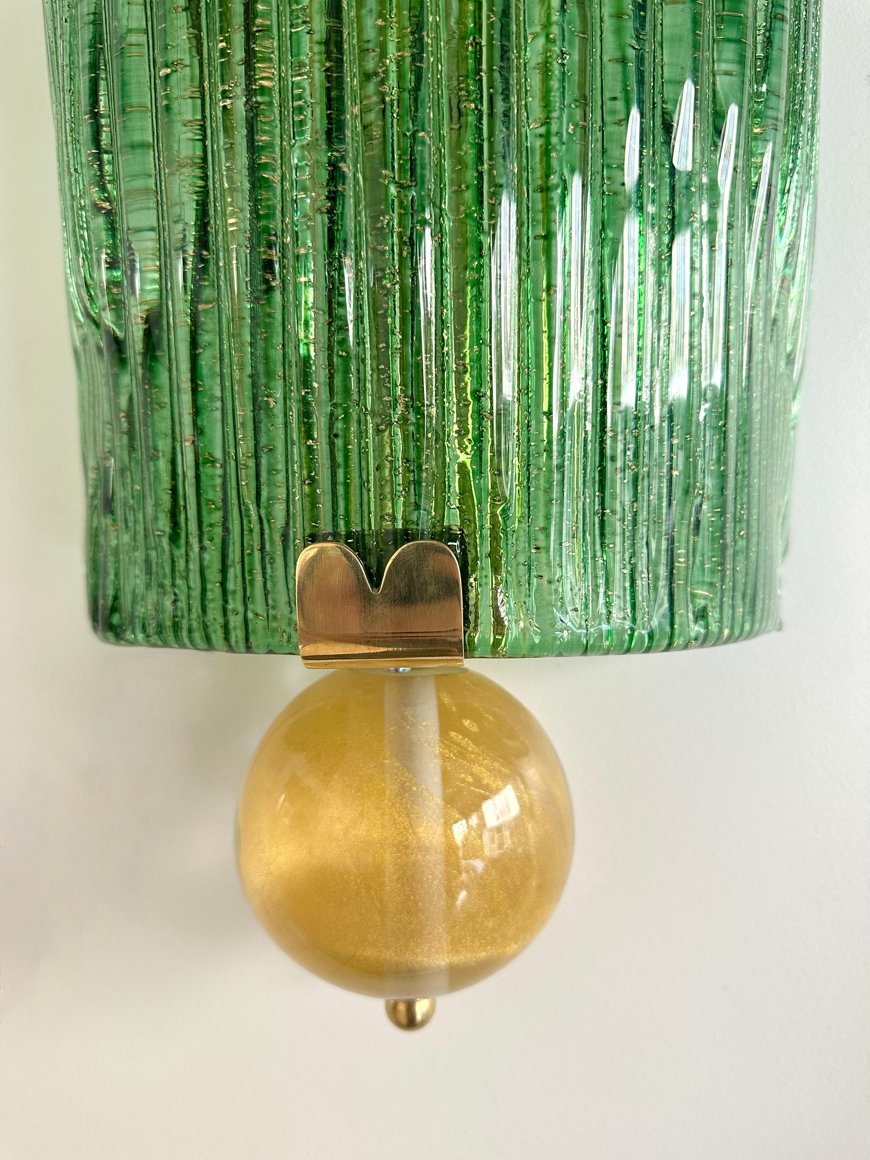 Large Contemporary Pair of Brass and Green Gold Leaf Murano Glass Sconces, Italy 5