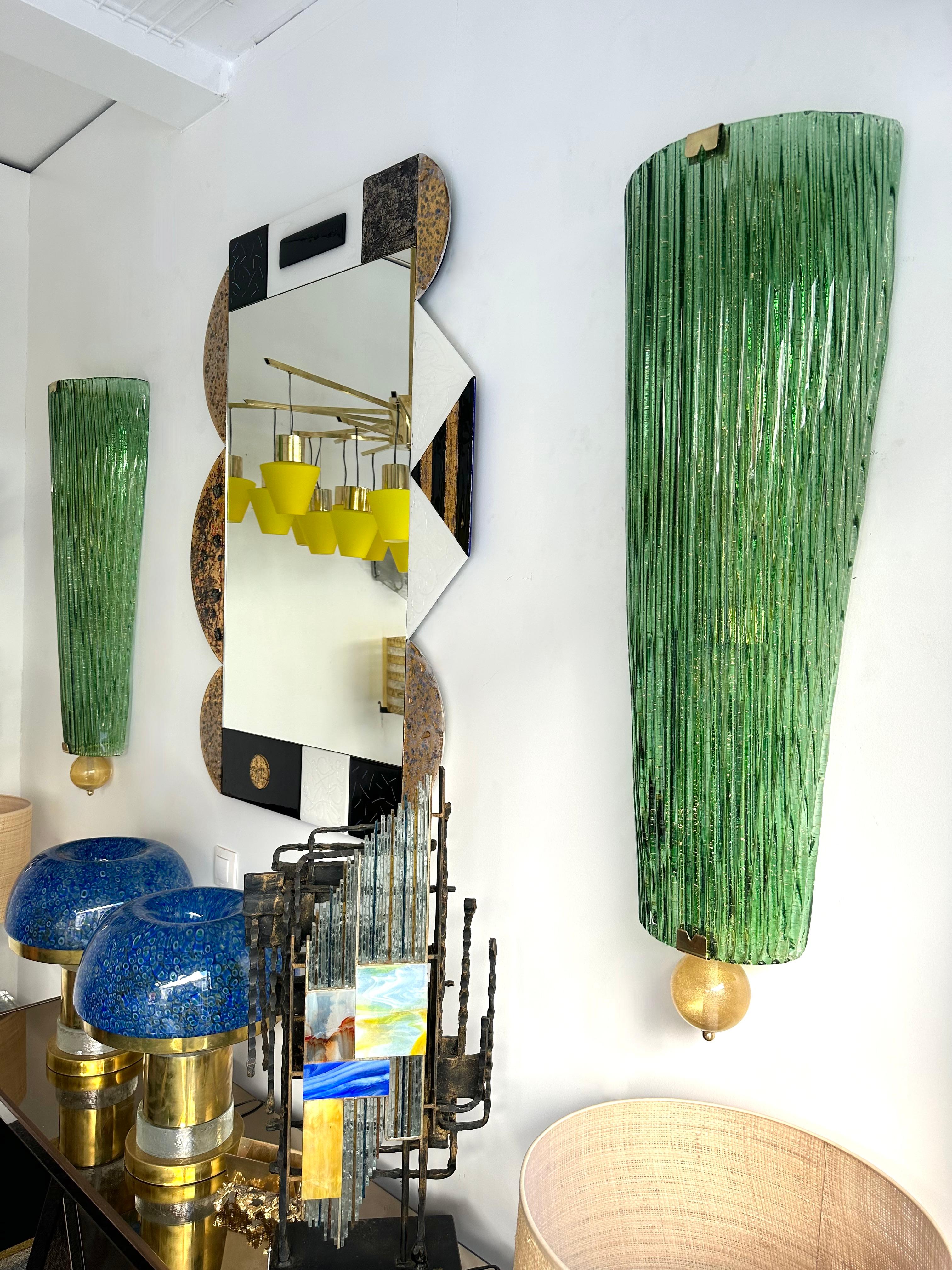Large Contemporary Pair of Brass and Green Gold Leaf Murano Glass Sconces, Italy 6