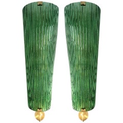 Large Contemporary Pair of Brass and Green Gold Leaf Murano Glass Sconces, Italy