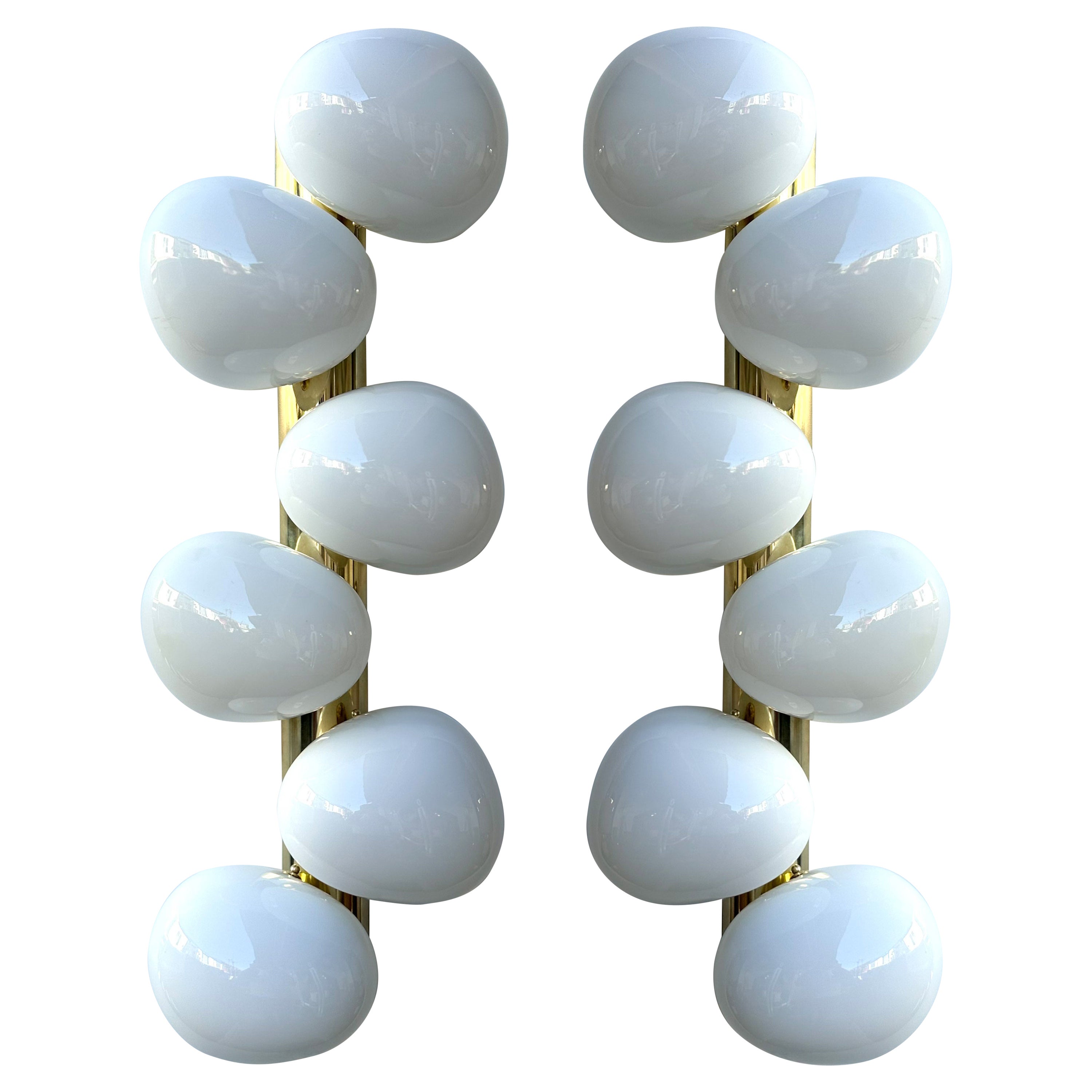 Large Contemporary Pair of Brass and White Bulb Murano Glass Sconces, Italy