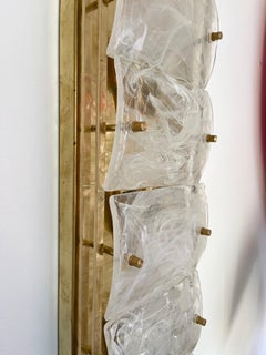 Large Contemporary Pair of Brass and White Penerello Murano Glass Sconces, Italy