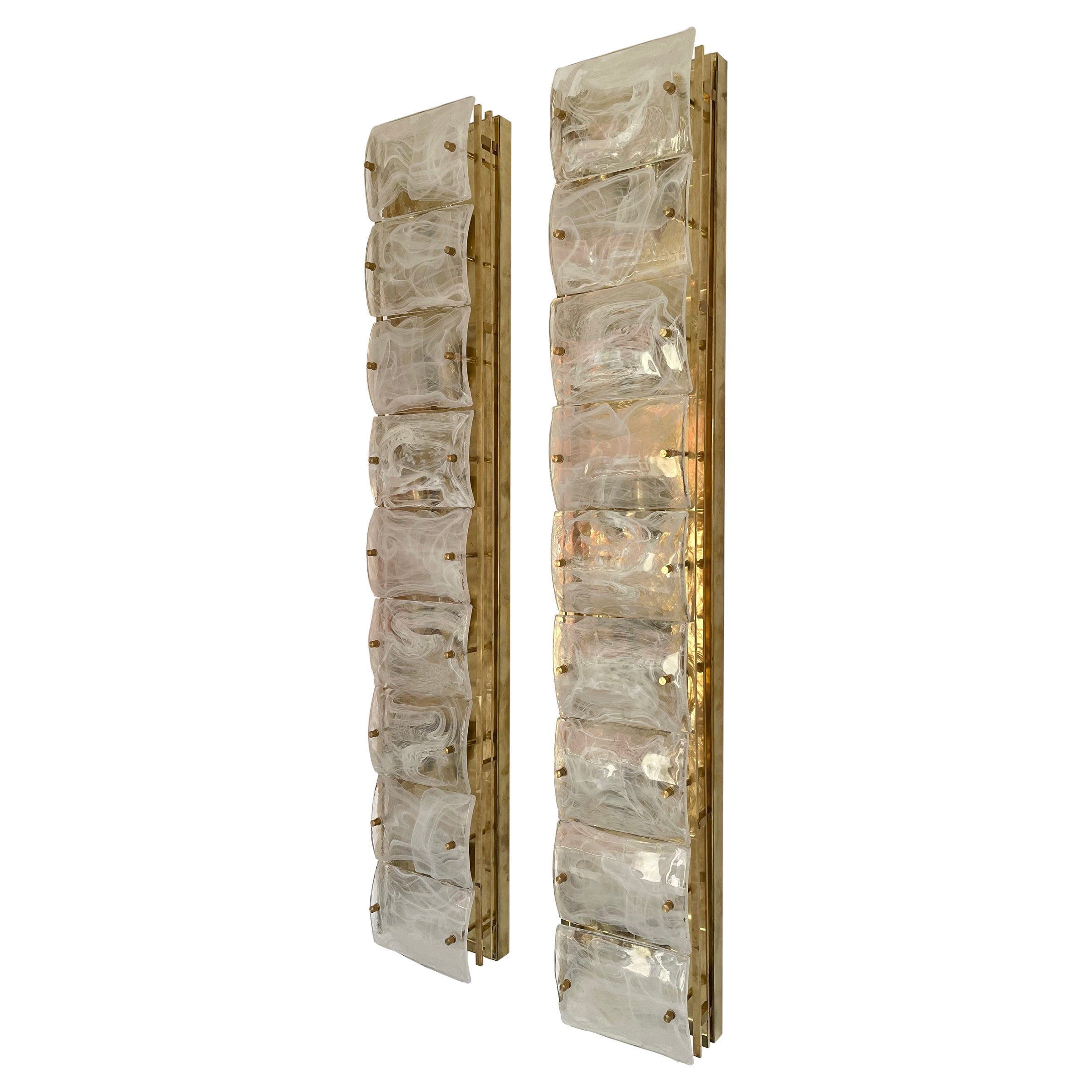 Large Contemporary Pair of Brass and White Penerello Murano Glass Sconces, Italy For Sale