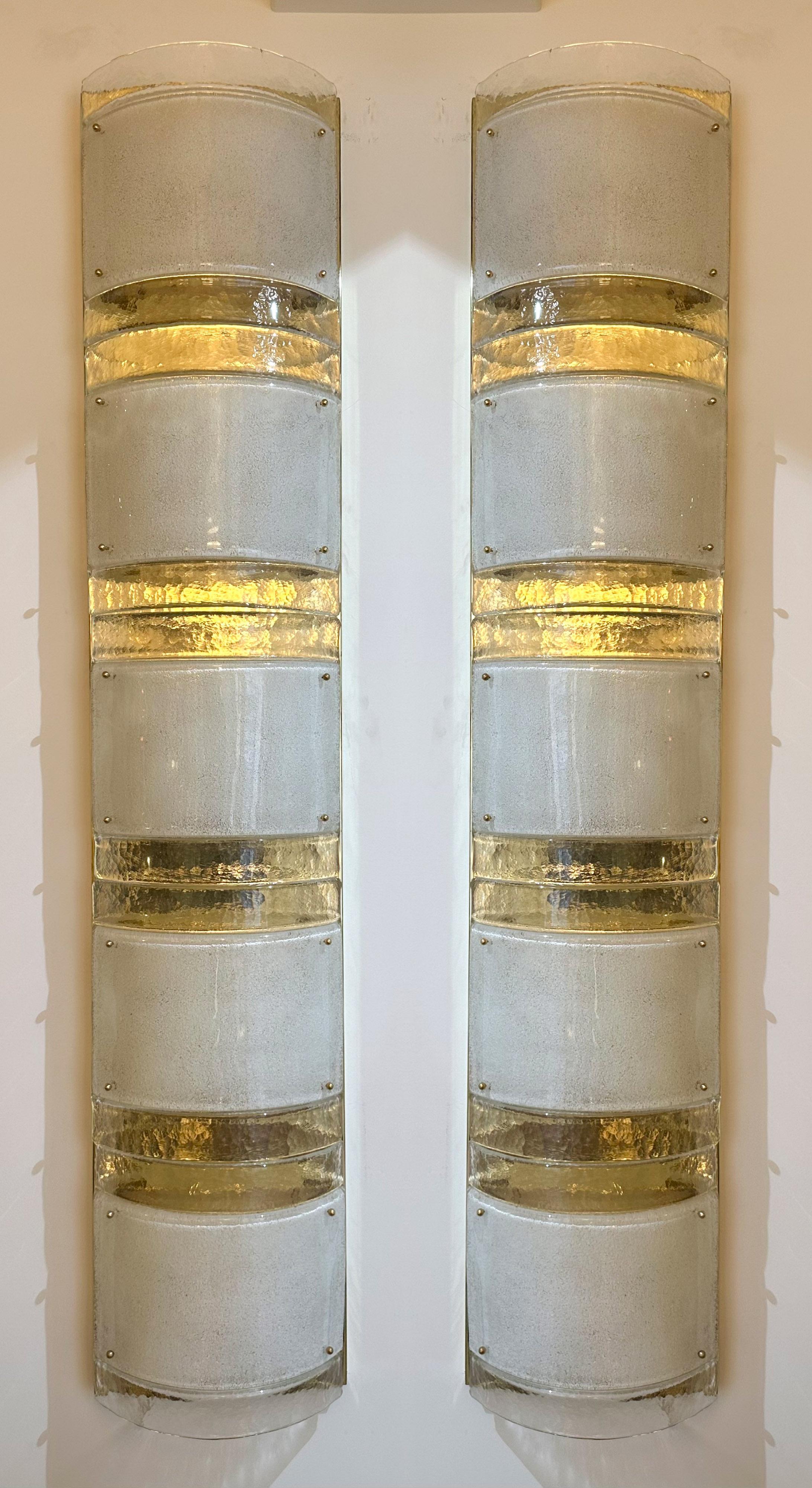 Large Contemporary Pair of Brass and White Stripe Murano Glass Sconces, Italy For Sale 8