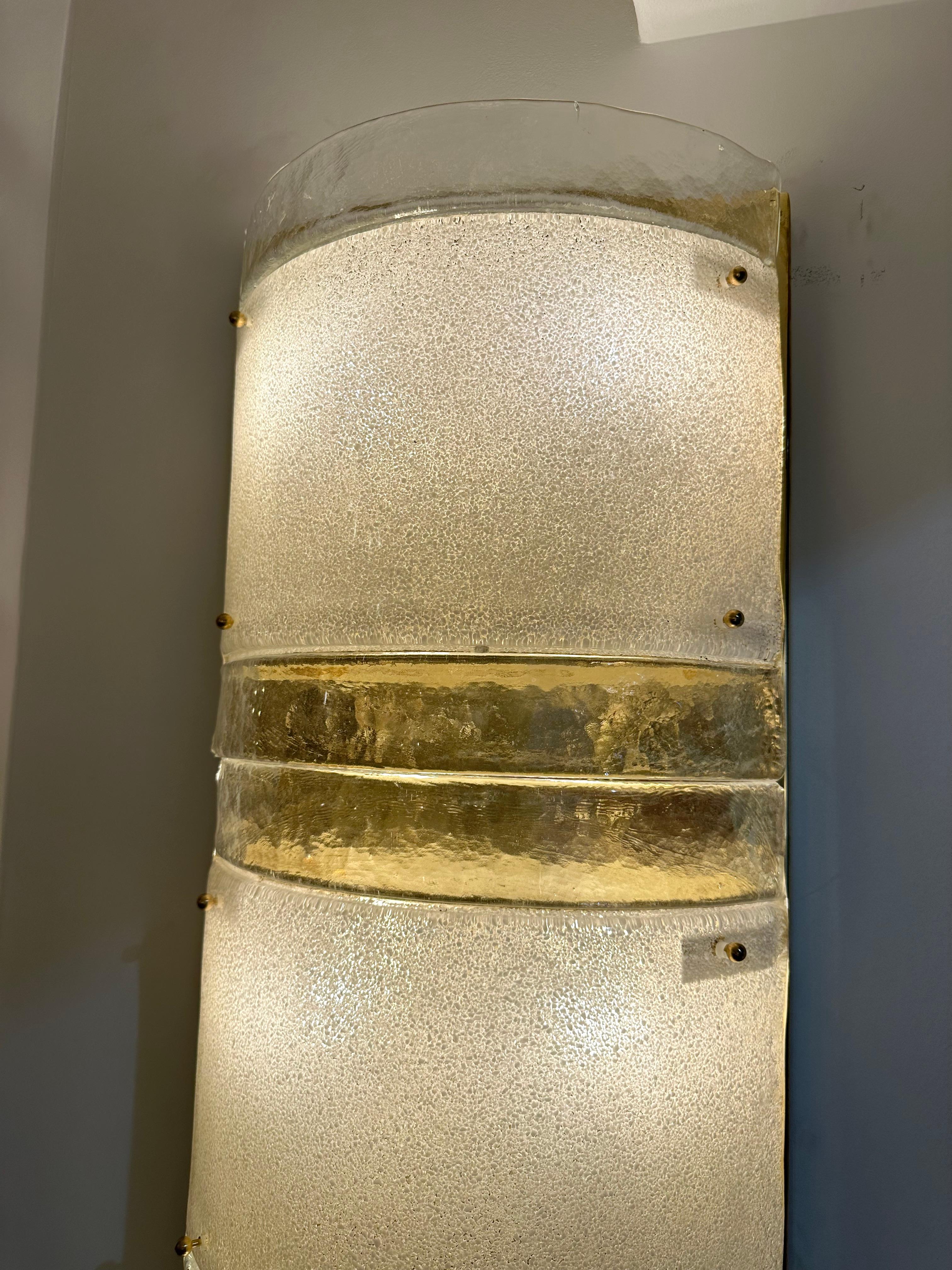 Large Contemporary Pair of Brass and White Stripe Murano Glass Sconces, Italy For Sale 2