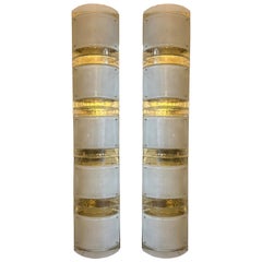 Large Contemporary Pair of Brass and White Stripe Murano Glass Sconces, Italy