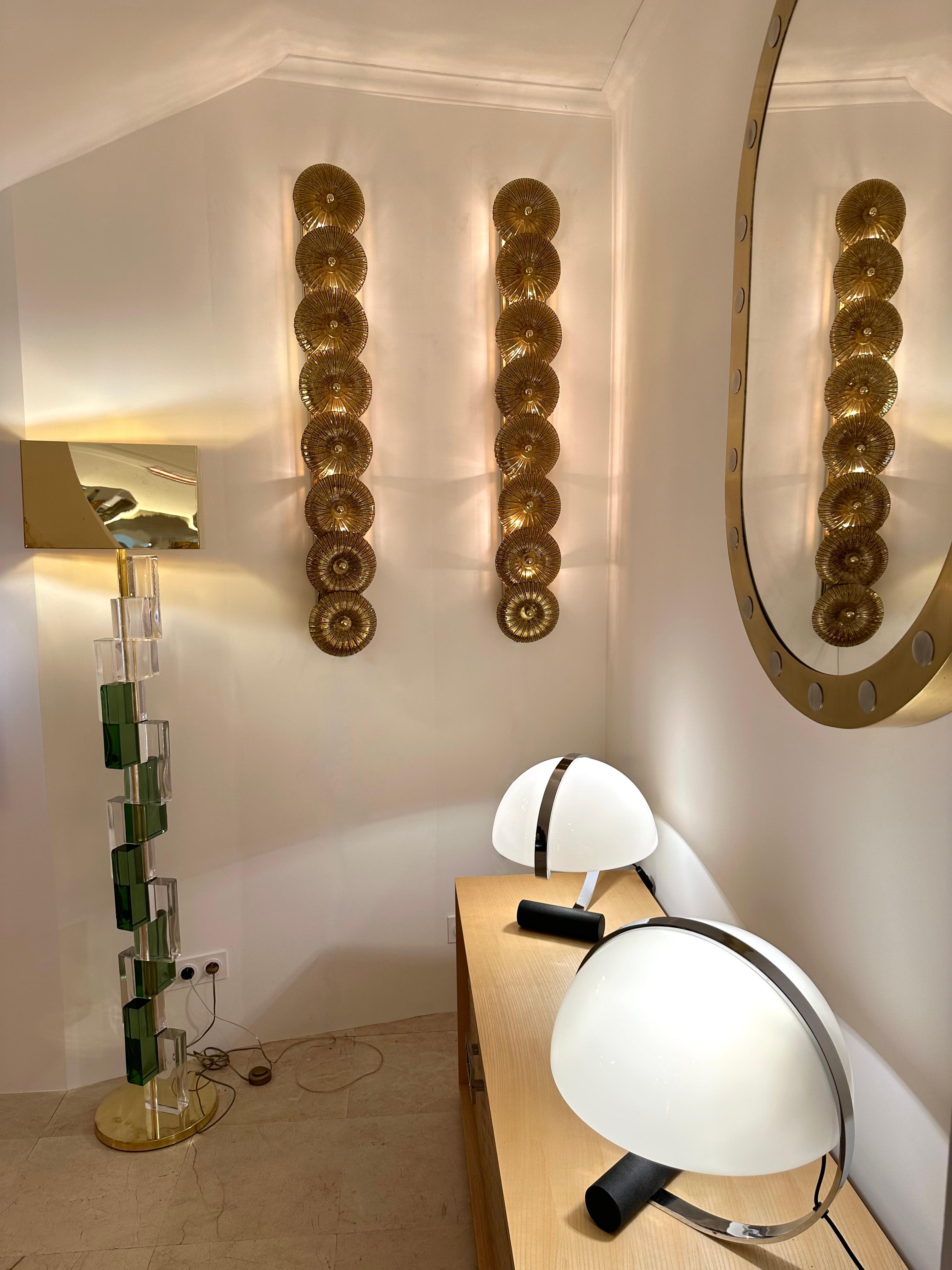 Large tall pair of Gold with gold leaf Murano glass and brass wall lights lightning pannel lamps sconces. Contemporary work from a small artisanal italian design workshop. In the mood of Mid-Century Modern, Hollywood Regency palm tree, Venini,