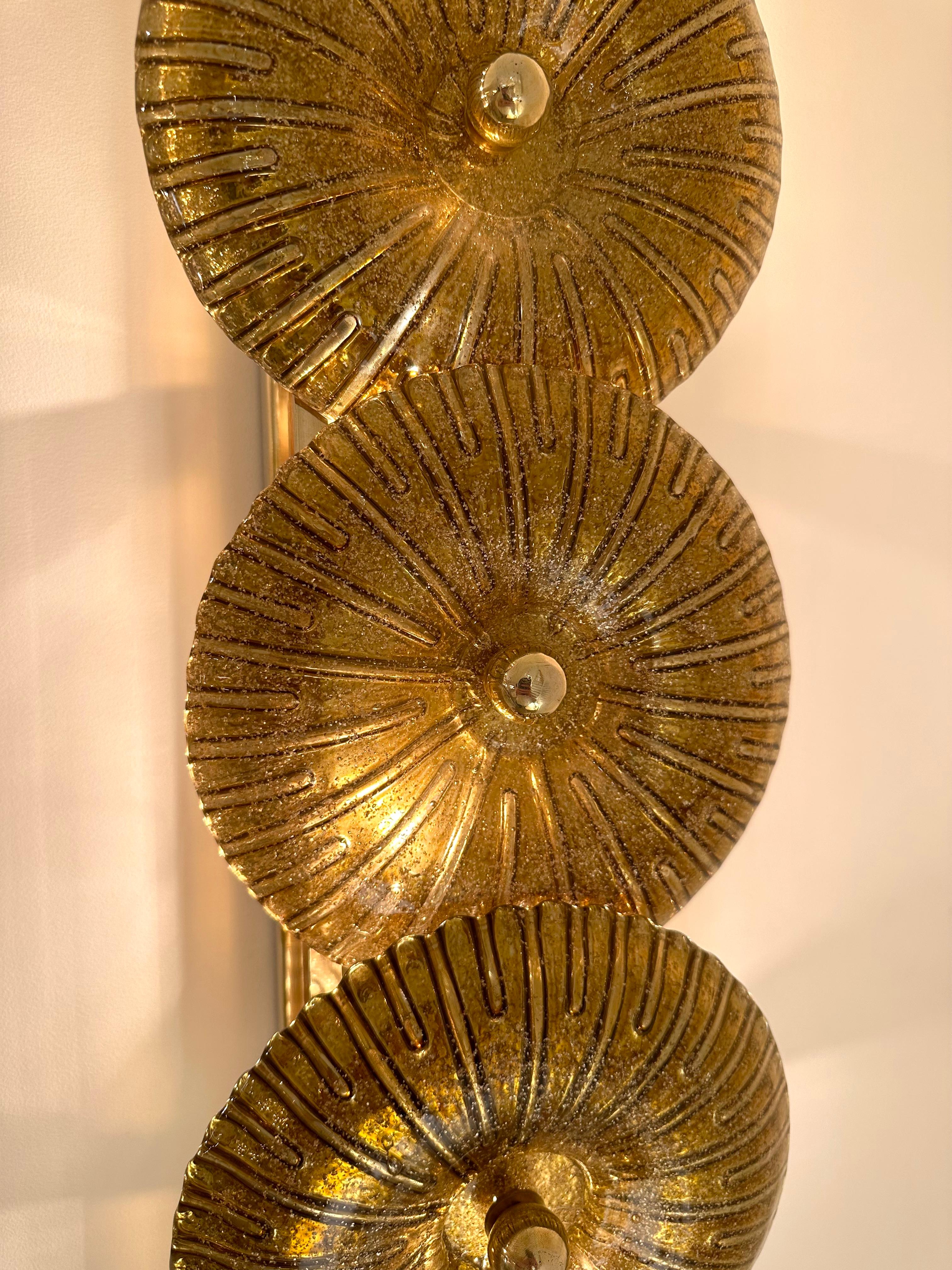 Italian Large Contemporary Pair of Brass Gold Leaf Murano Glass Sconces, Italy For Sale
