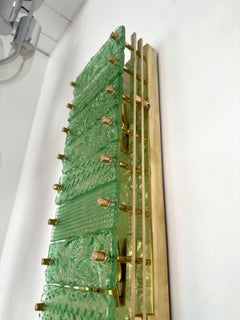 Large Contemporary Pair of Brass Green Gold Leaf Murano Glass Sconces, Italy