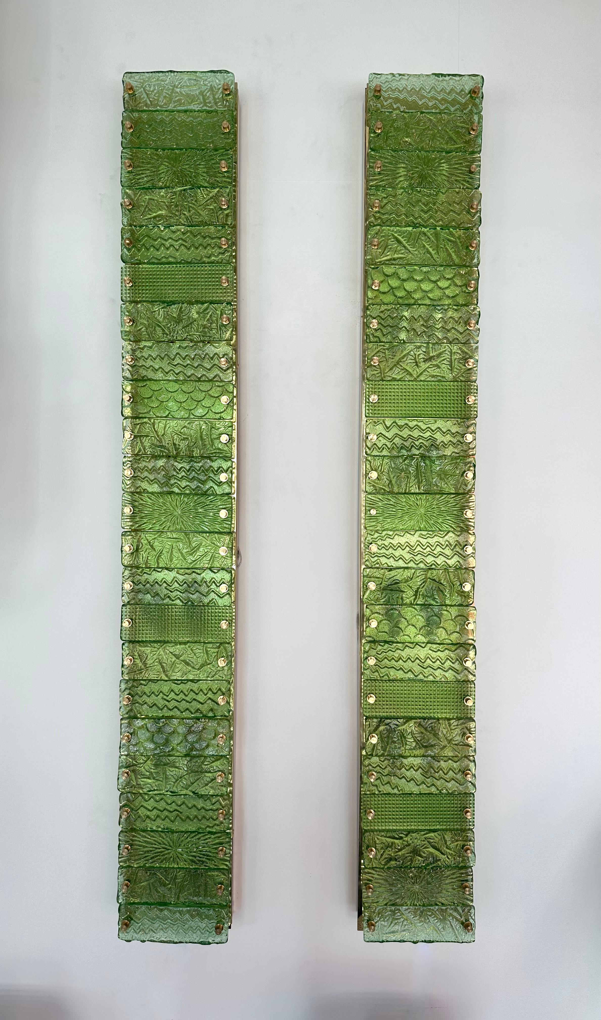 Italian Large Contemporary Pair of Brass Green Gold Leaf Murano Glass Sconces, Italy For Sale