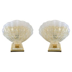 Large Contemporary Pair of Brass Murano Glass Shell Lamps, Italy