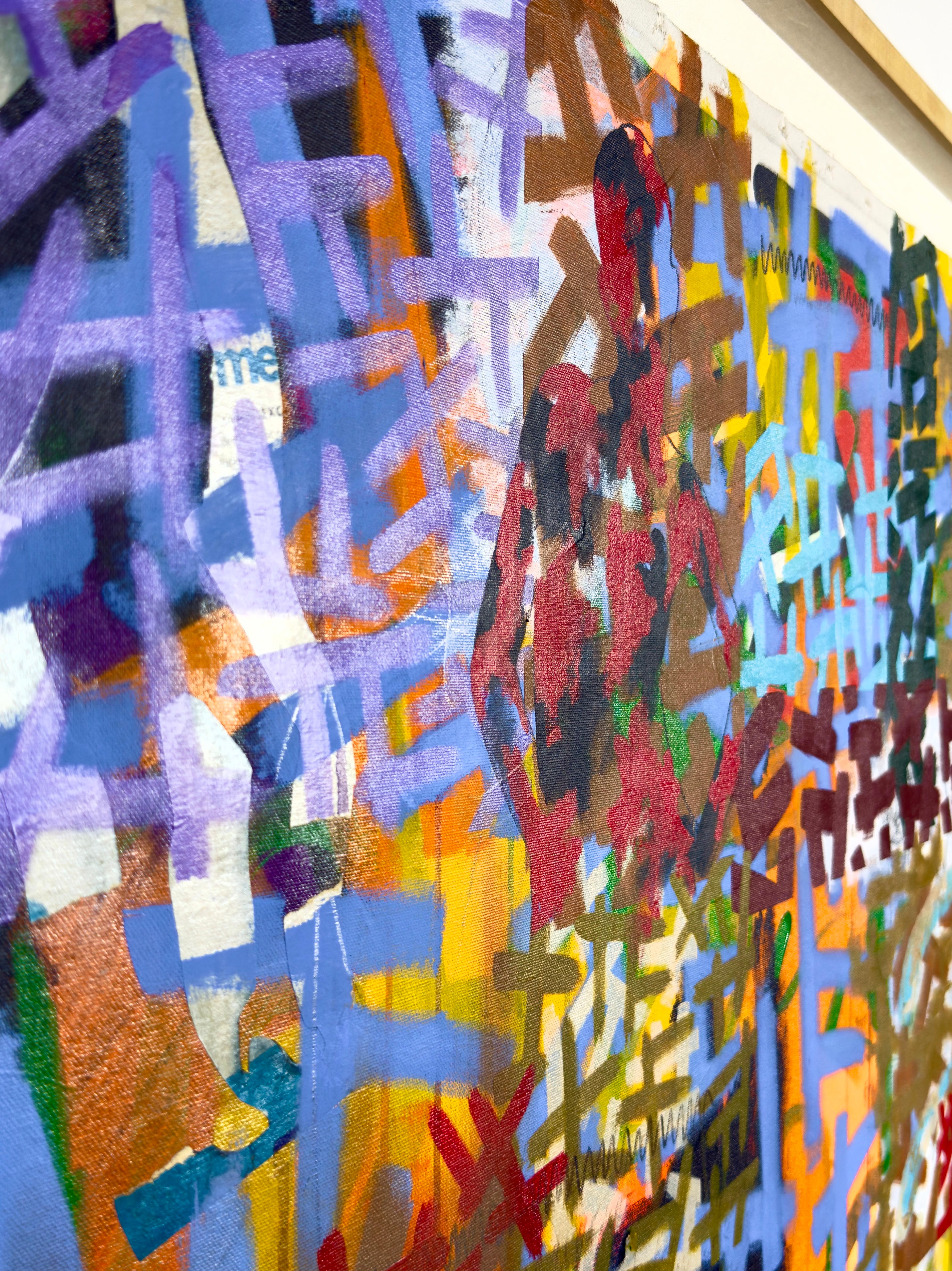 Großes Contemporary Post Modern Abstrakt Buntes Graffiti Stil Acryl Gemälde (Leinwand) im Angebot