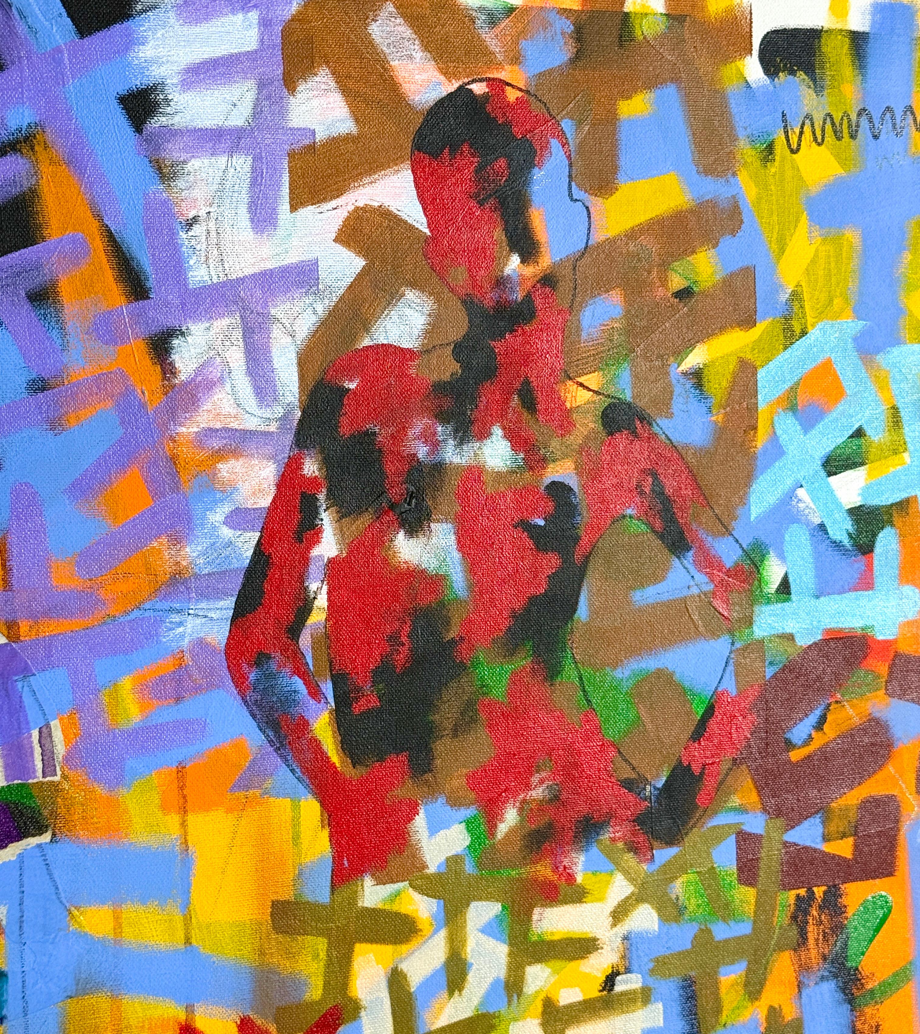 Großes Contemporary Post Modern Abstrakt Buntes Graffiti Stil Acryl Gemälde im Angebot 1