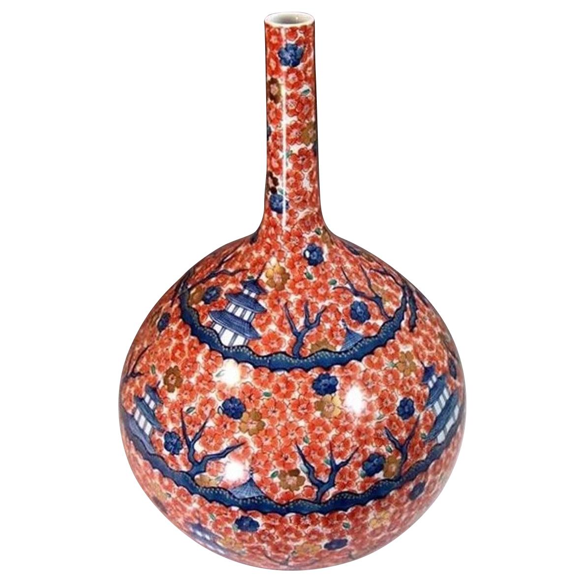 Large Contemporary Japanese Red Blue Gilded Porcelain Vase by Master Artist