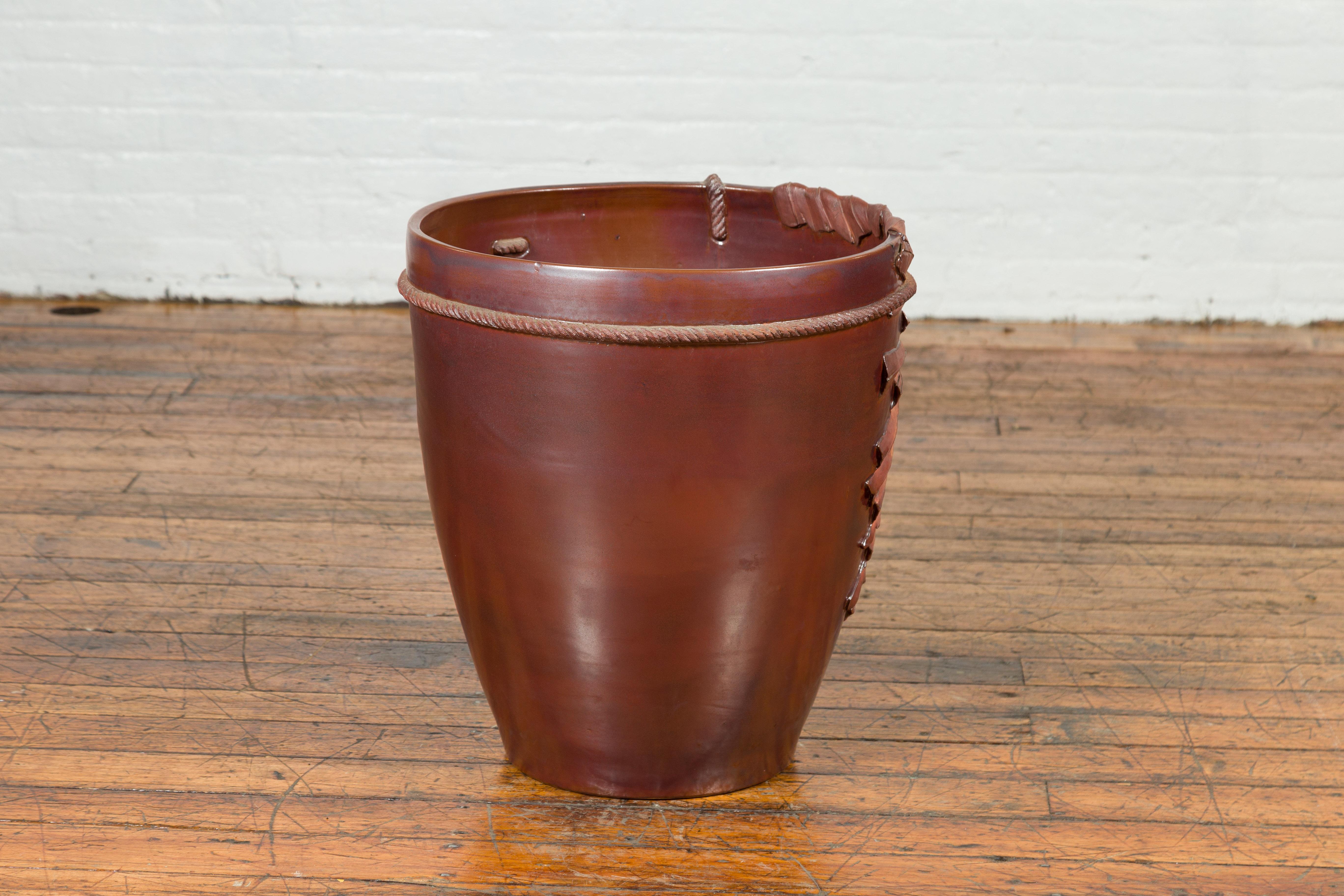 Large Contemporary Thai Garnet Toned Planter with Palm Leaf and Rope Motifs For Sale 6