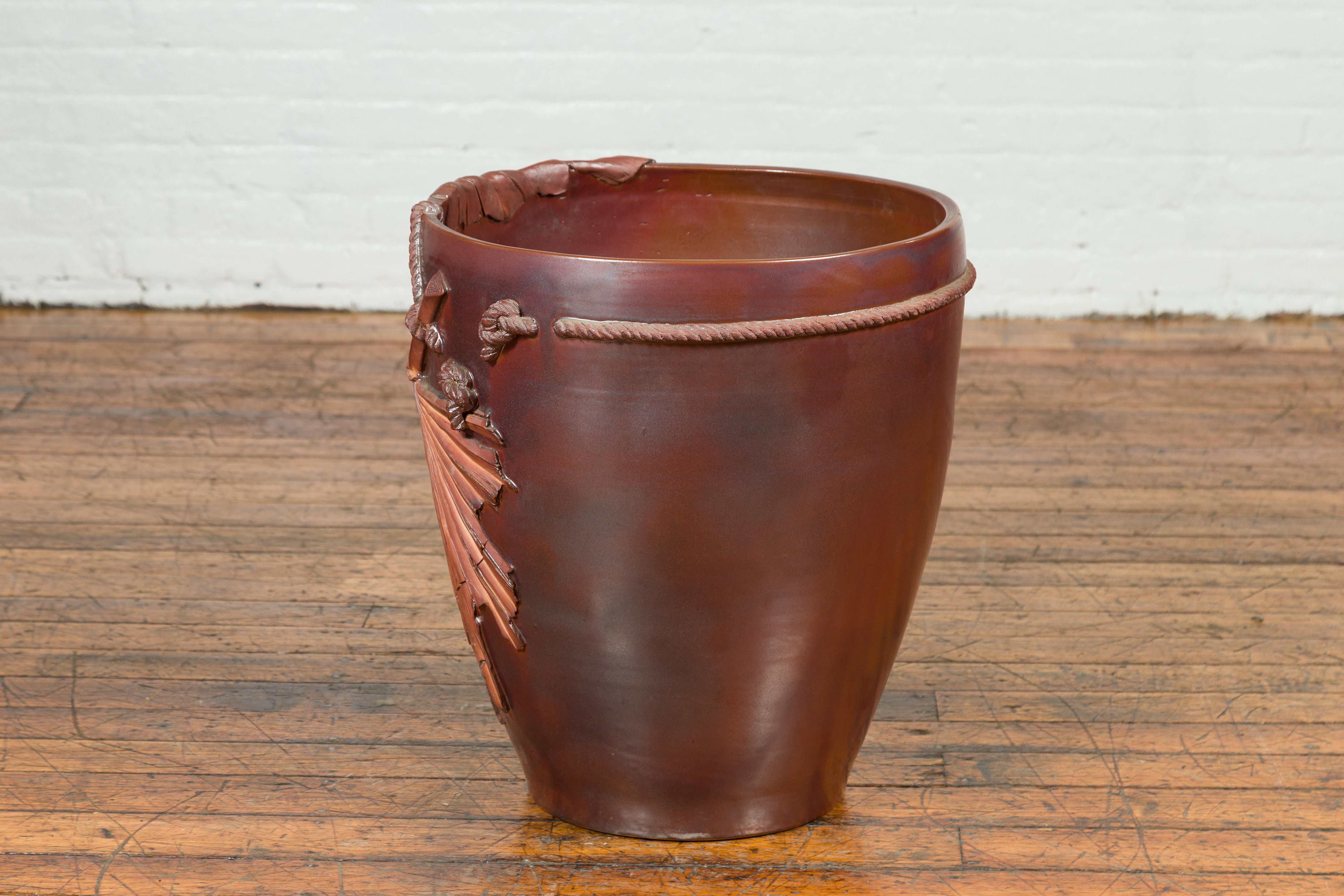 Large Contemporary Thai Garnet Toned Planter with Palm Leaf and Rope Motifs For Sale 7