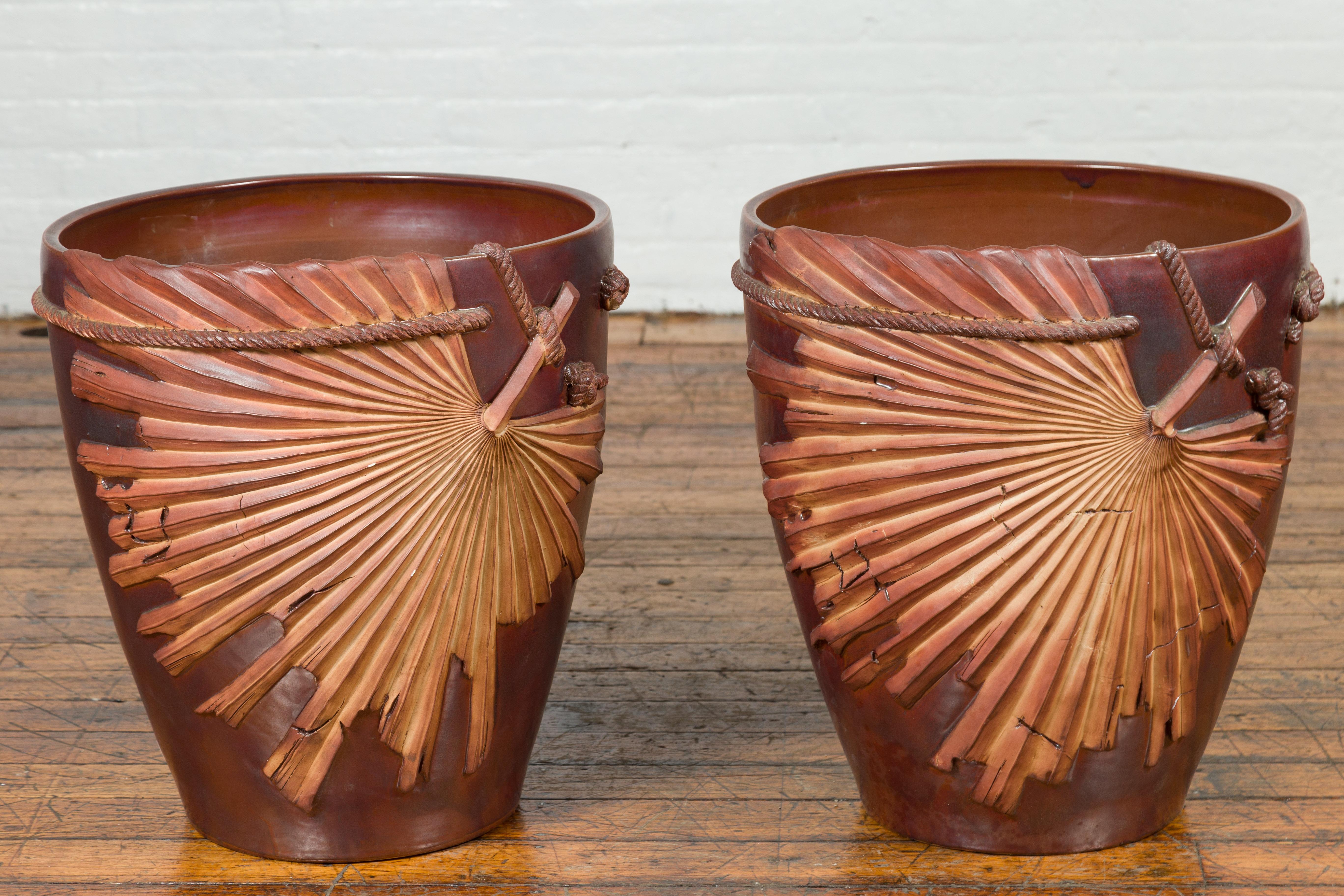 Large Contemporary Thai Garnet Toned Planter with Palm Leaf and Rope Motifs In Good Condition For Sale In Yonkers, NY