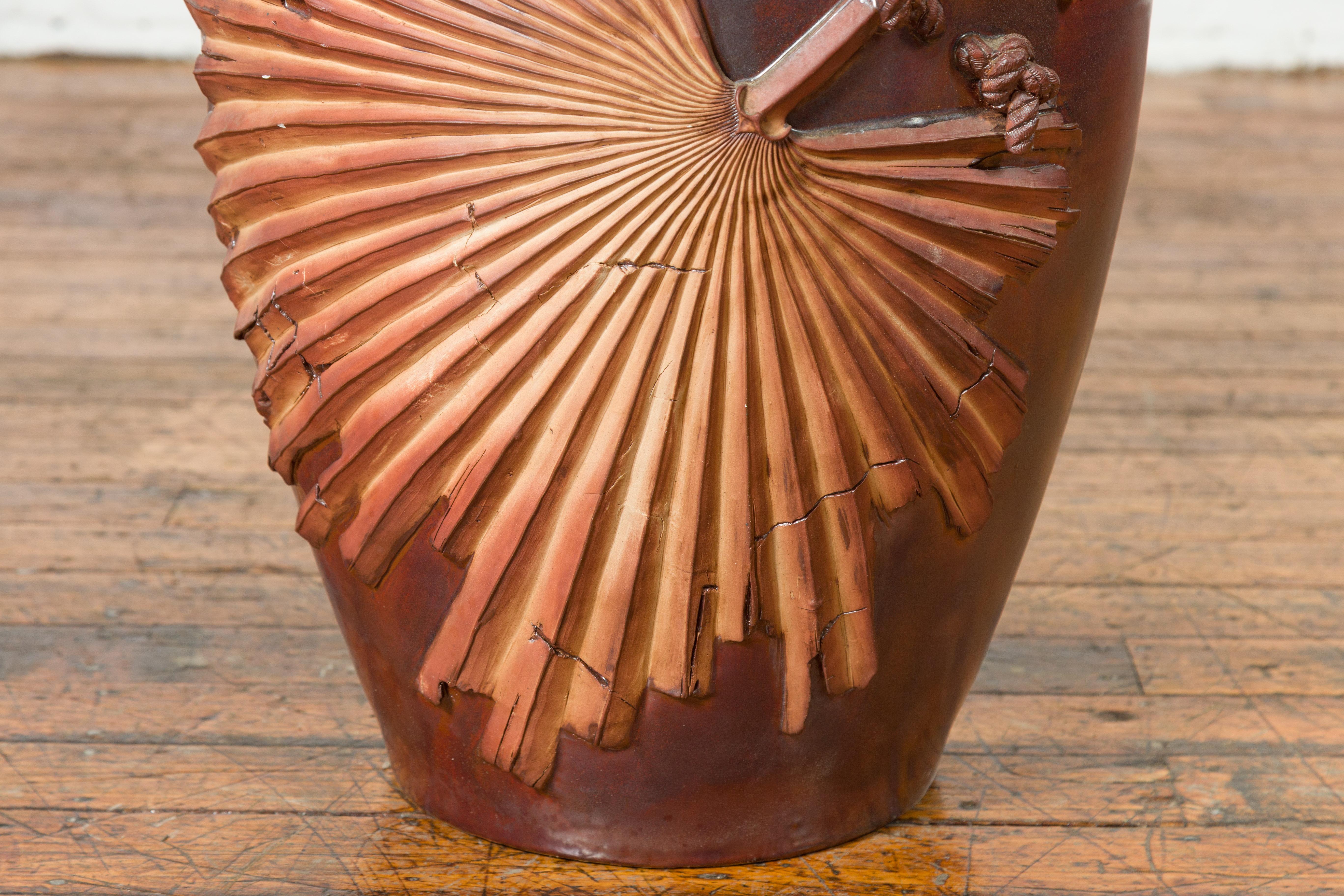 Large Garnet-Toned Planter with Palm Leaf and Rope Motifs, Pair Available In Good Condition For Sale In Yonkers, NY