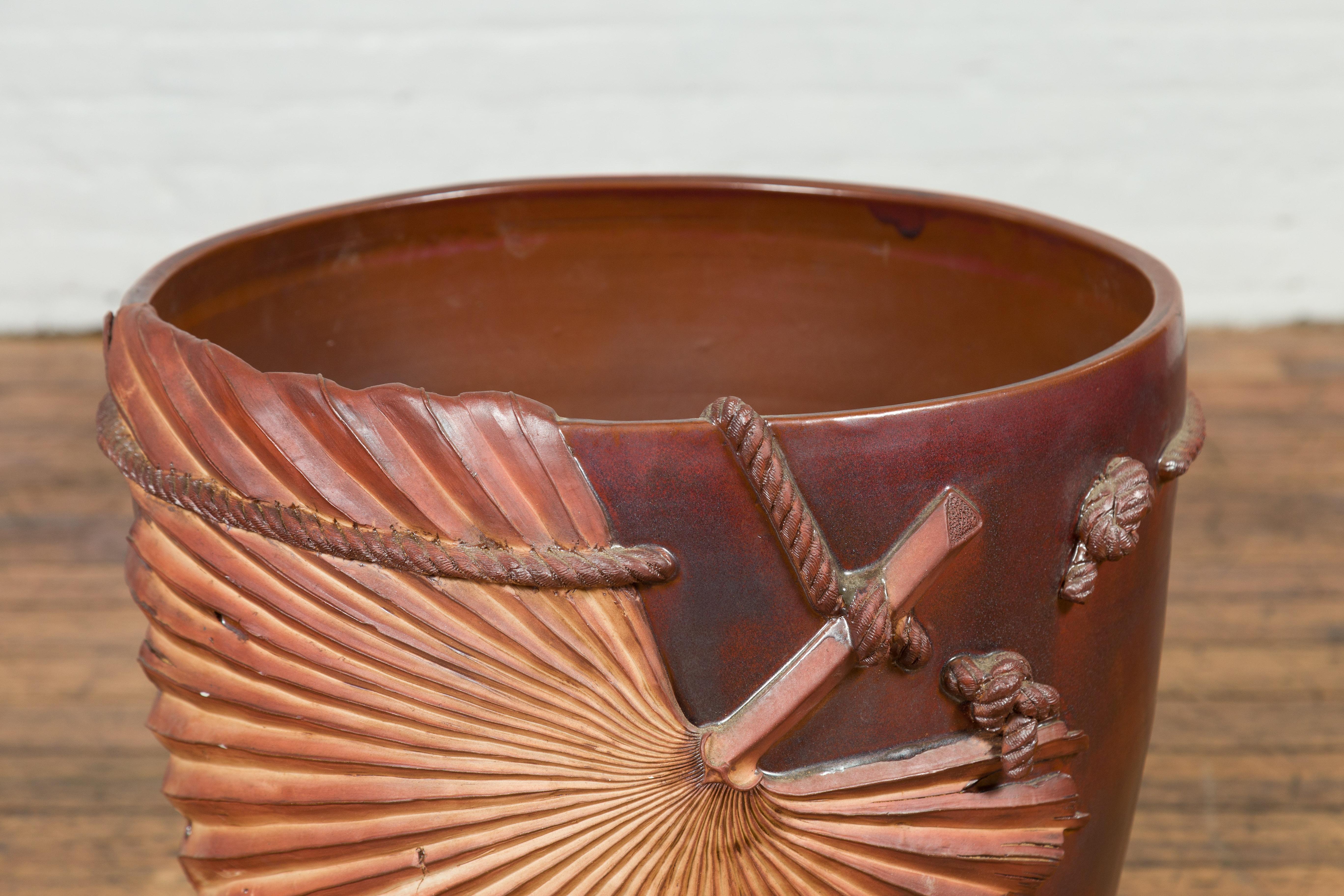 Large Contemporary Thai Garnet Toned Planter with Palm Leaf and Rope Motifs For Sale 3
