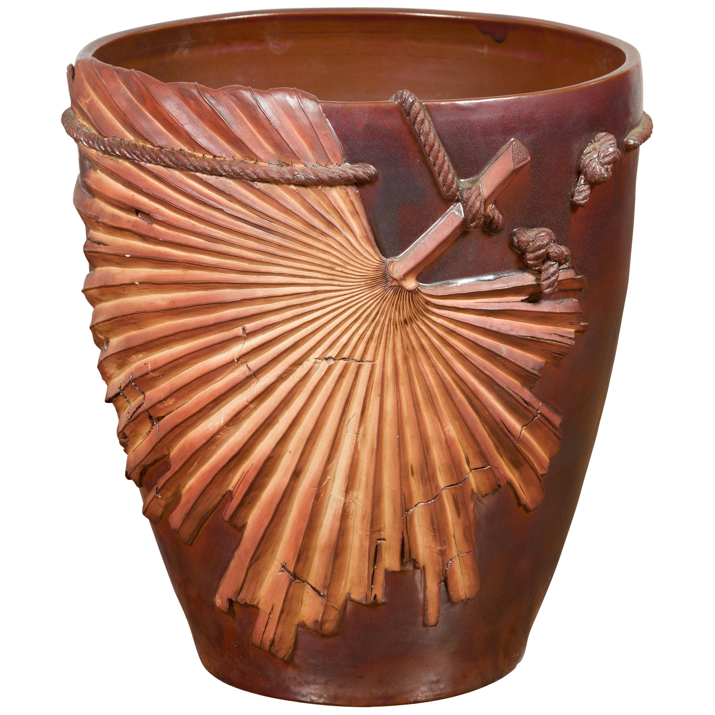 Large Garnet-Toned Planter with Palm Leaf and Rope Motifs, Pair Available