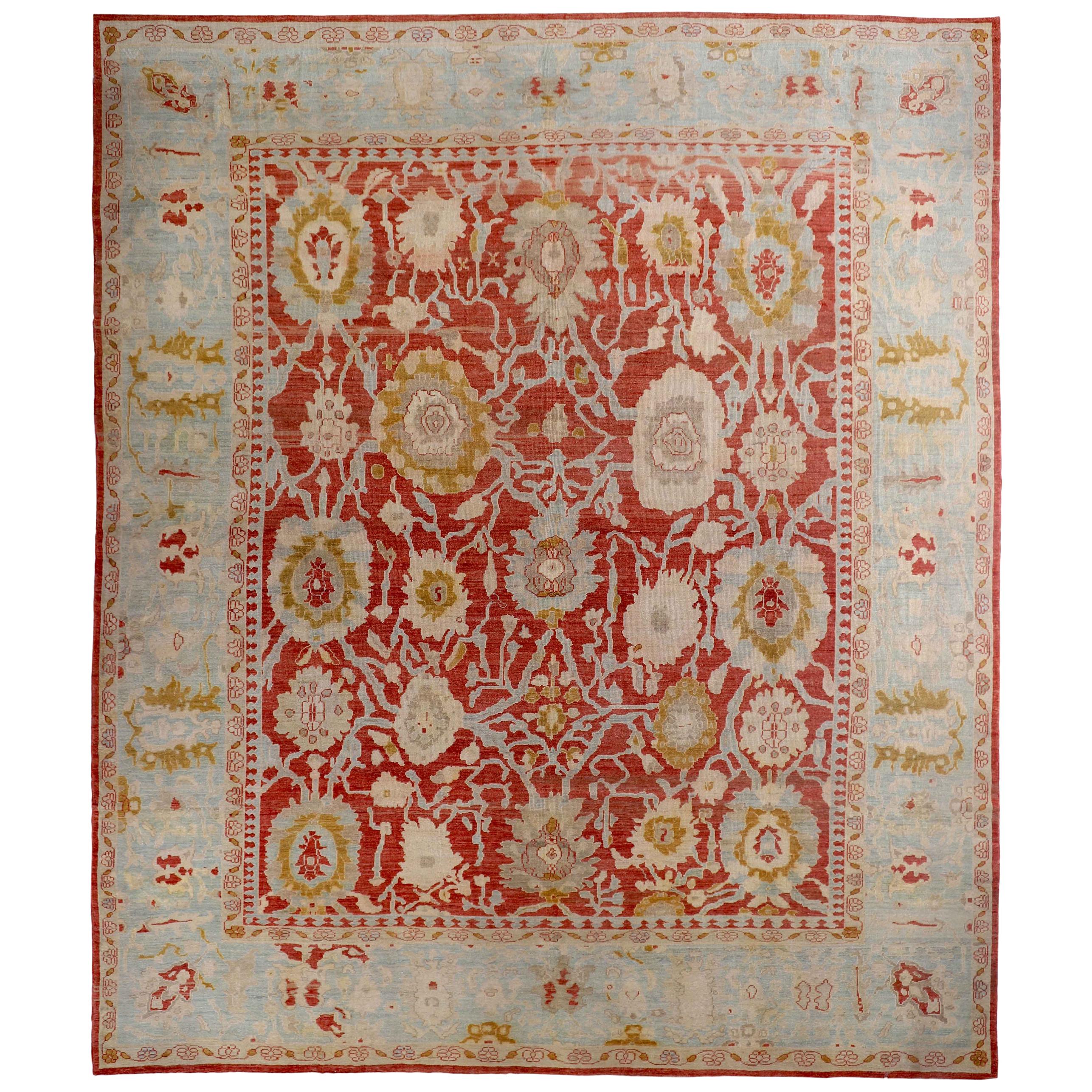 Large Contemporary Turkish Oushak Rug with Red and Gold Floral Details For Sale