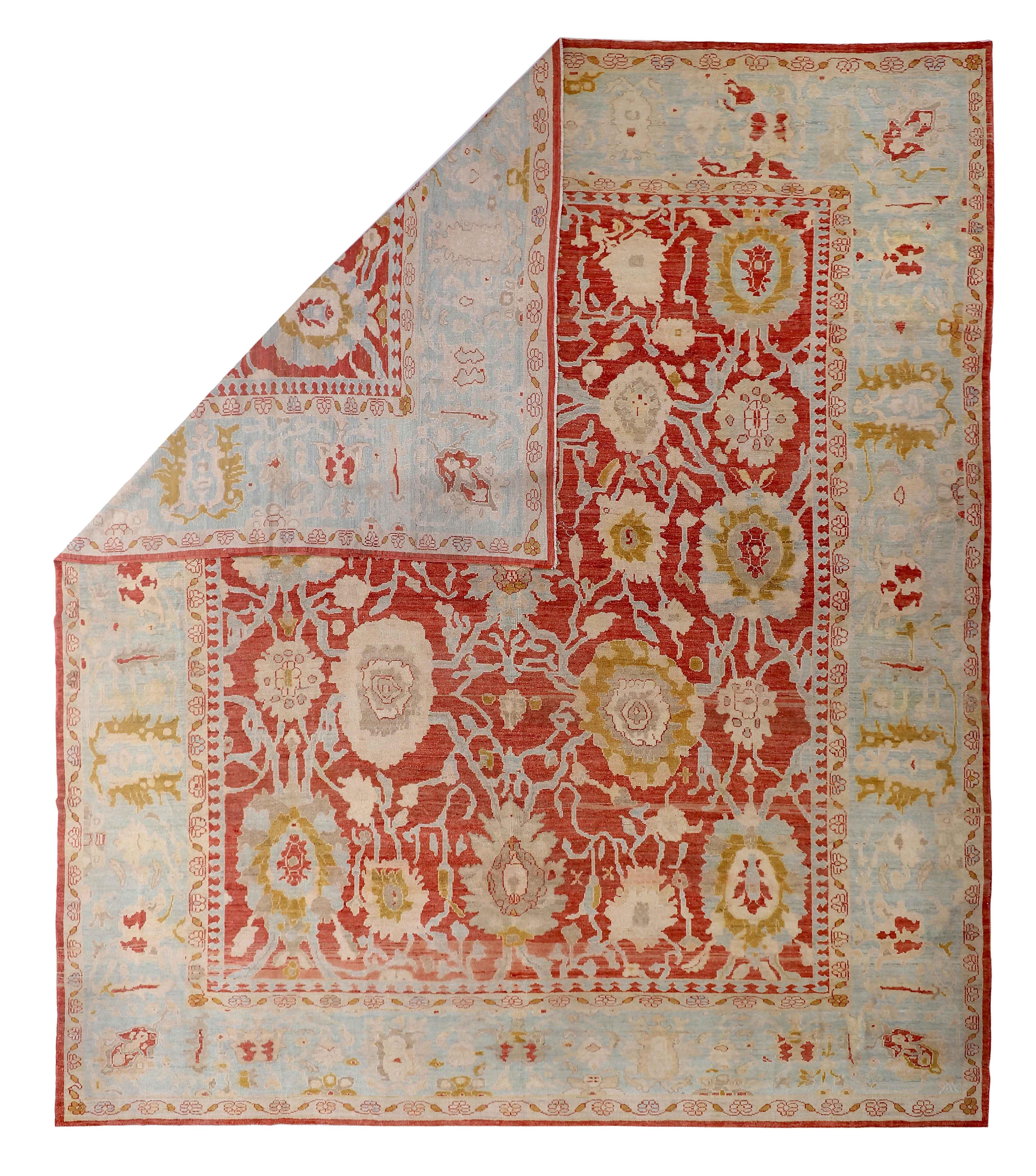 Large Contemporary Turkish Oushak Rug with Red and Gold Floral Details In New Condition For Sale In Dallas, TX