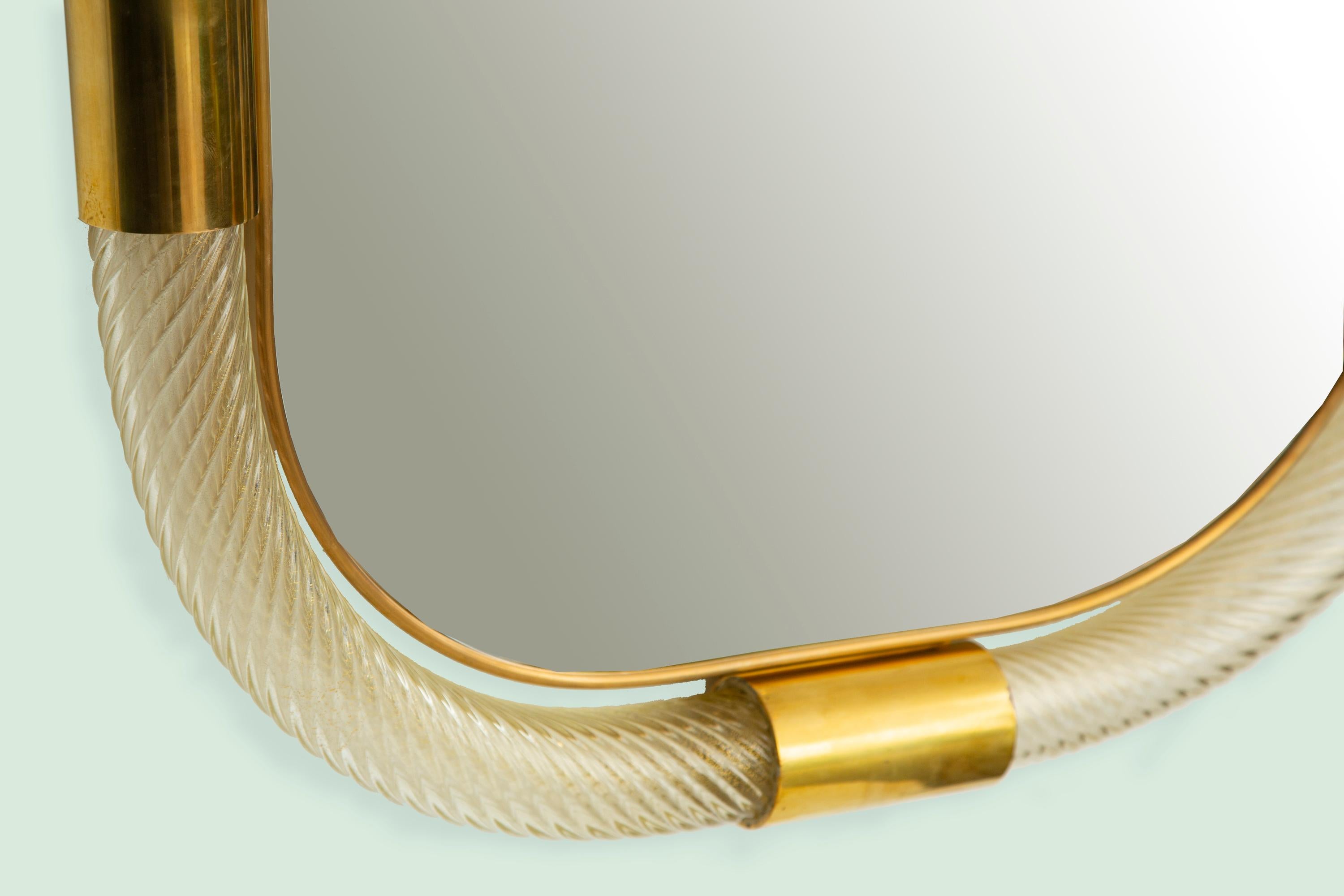 Large Contemporary Twisted Murano Glass and Brass Frame Mirror, in Stock 1