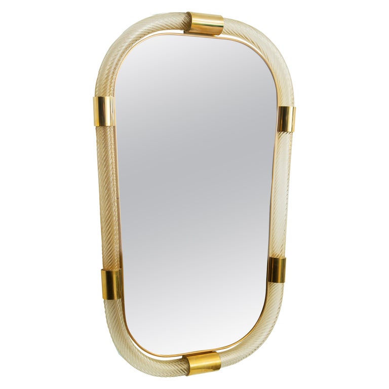 Large Contemporary Twisted Murano Glass and Brass Frame Mirror, in