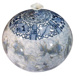 White Blue Gold Porcelain Vase by Contemporary Japanese Master Artist