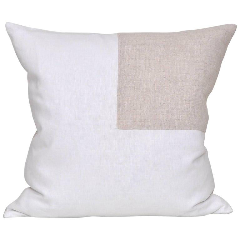 Large Contemporary White Irish Linen Pillow with Vintage Oatmeal Patch