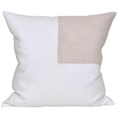 Large Contemporary White Irish Linen Pillow with Vintage Oatmeal Patch