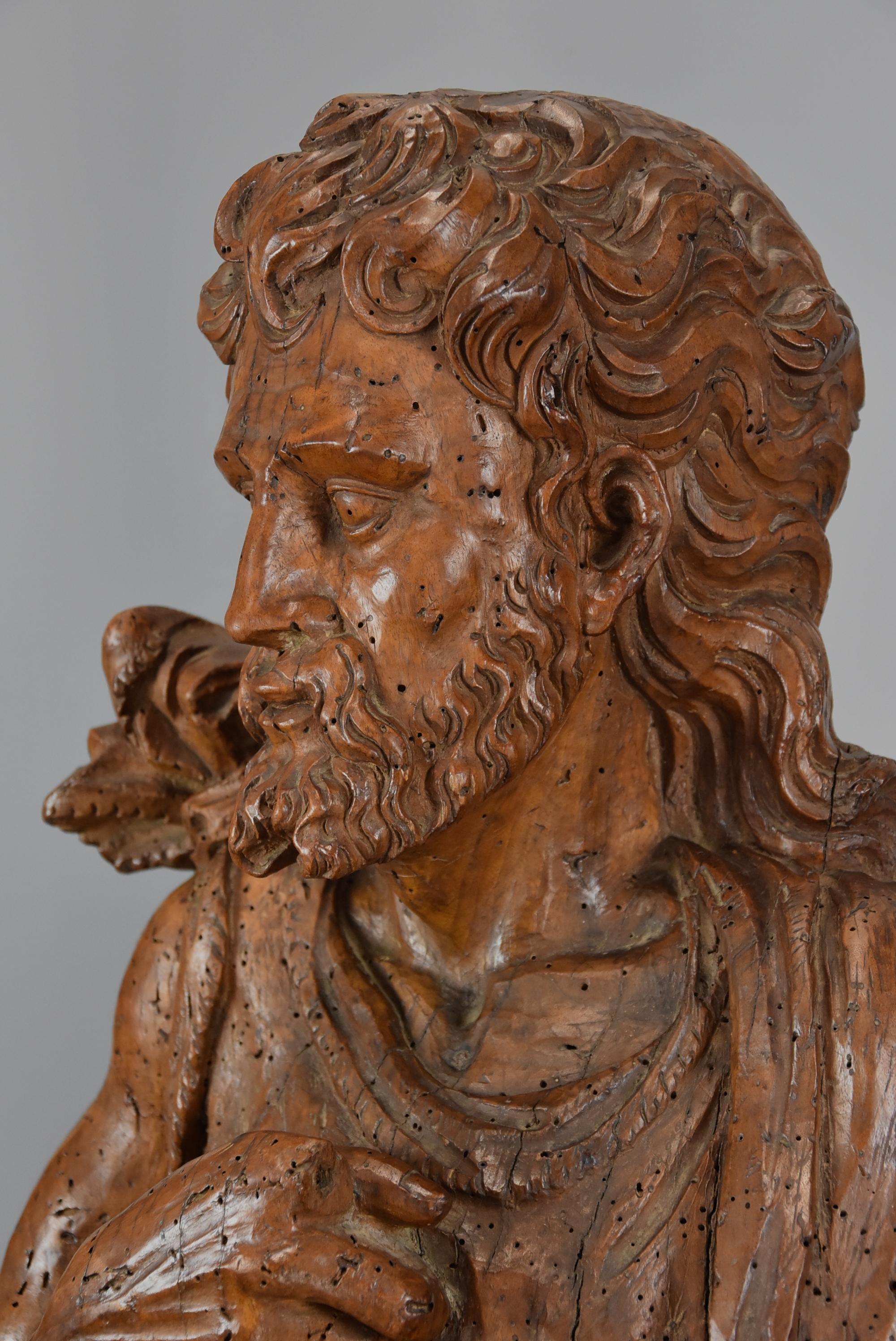 Large Continental 16th Century Carved Limewood Figure of St. John the Baptist For Sale 4
