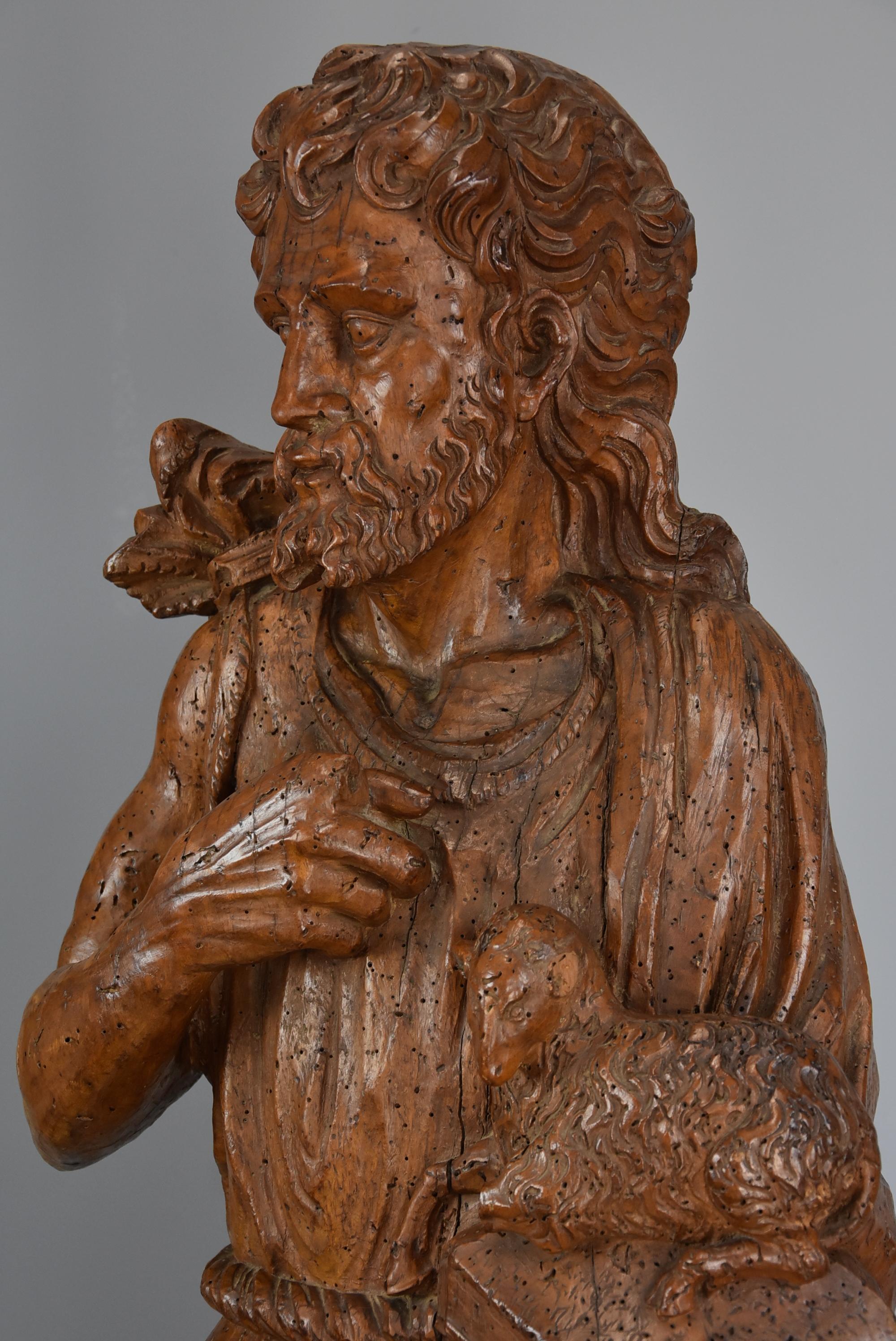 Large Continental 16th Century Carved Limewood Figure of St. John the Baptist For Sale 3