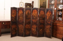 Large Continental 6 Panel Leather Screen with Architectural Landscape Design