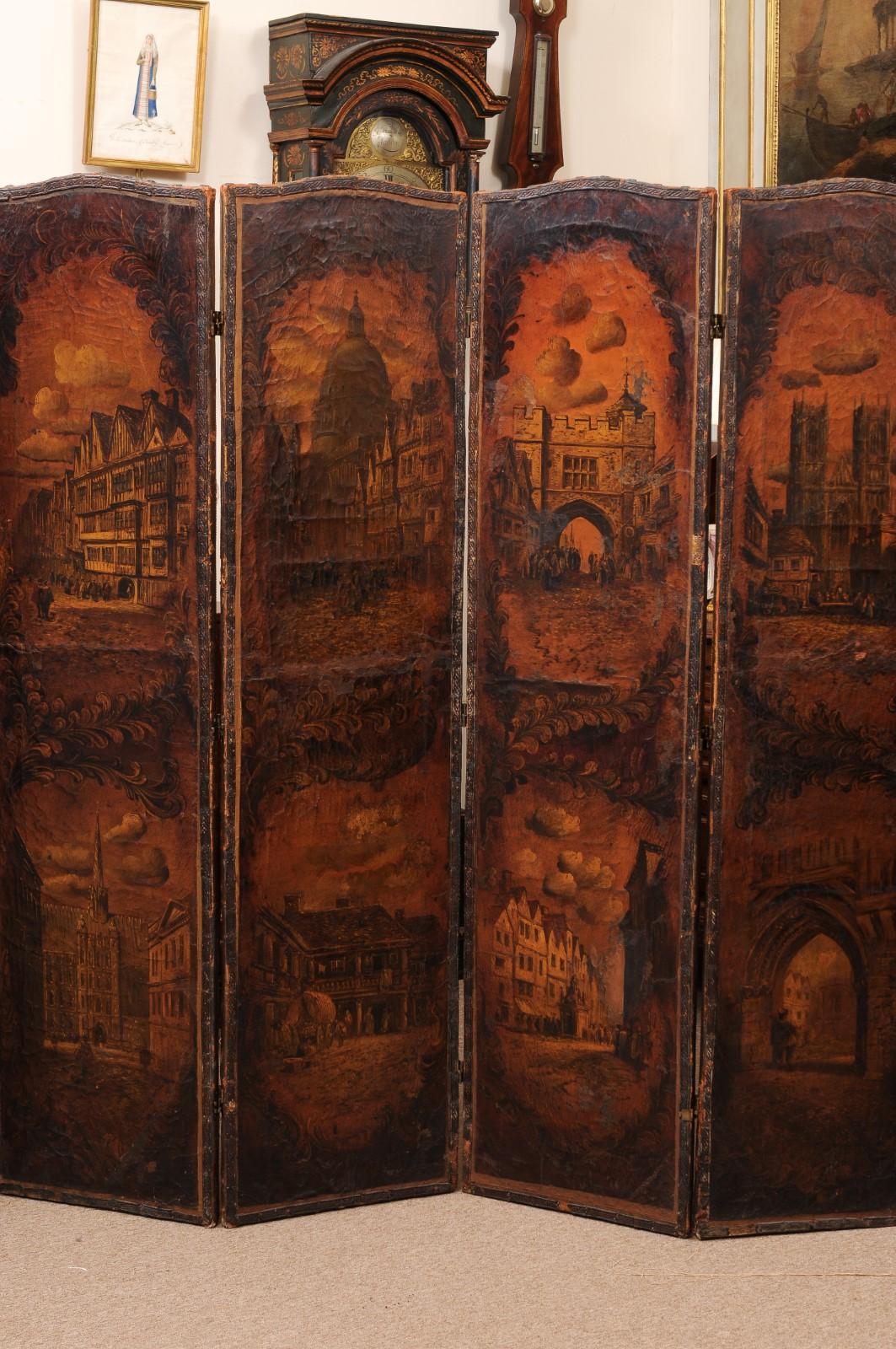 19th Century  Large Continental 6 Panel Leather Screen with Architectural Landscape Design  For Sale