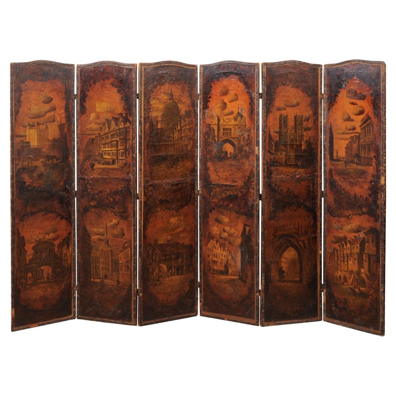  Large Continental 6 Panel Leather Screen with Architectural Landscape Design  For Sale