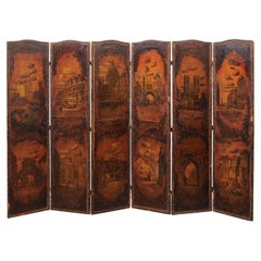 Antique  Large Continental 6 Panel Leather Screen with Architectural Landscape Design 