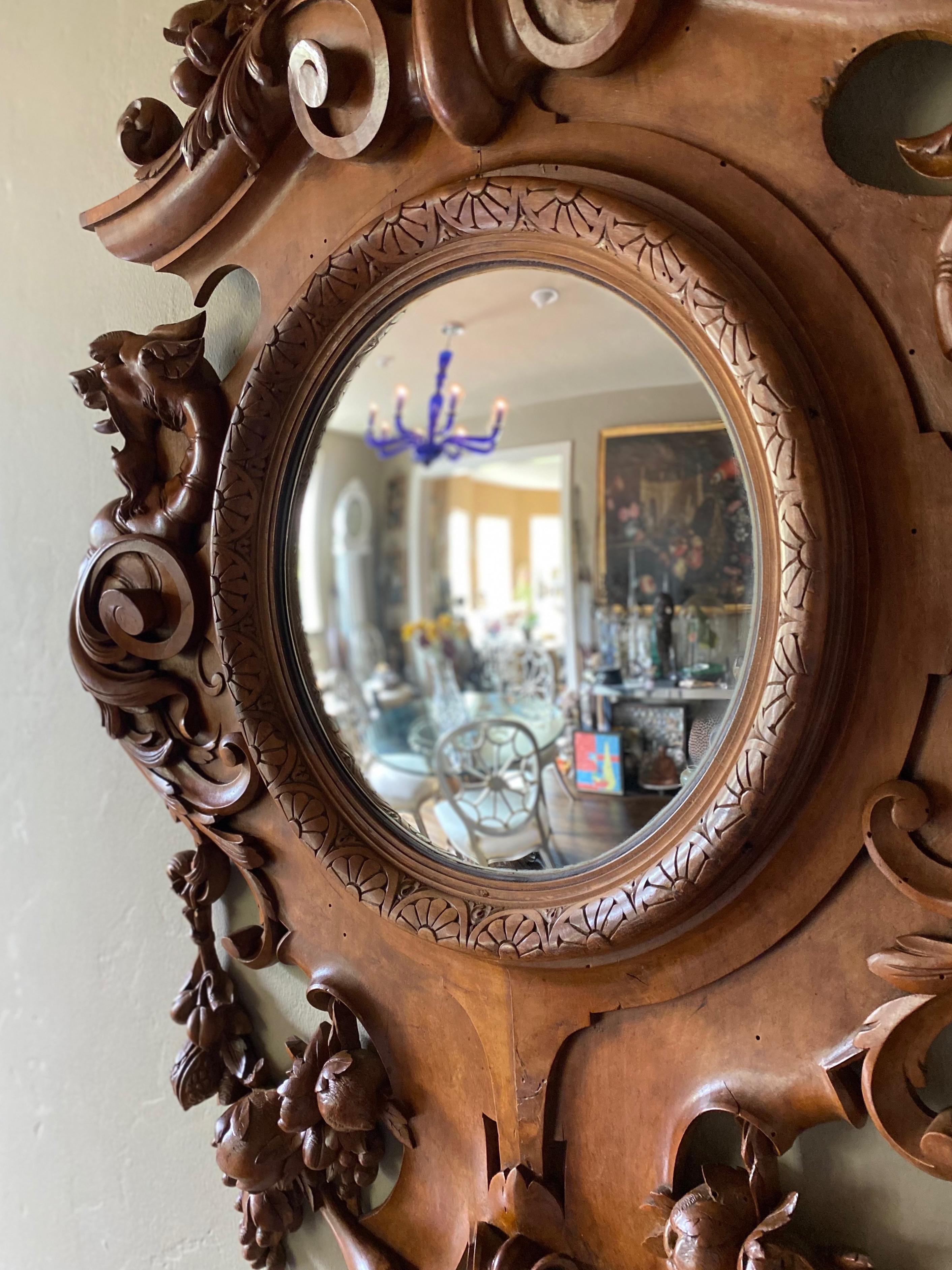 Carved Large Continental European Black Forest Convex Mirror, Late 19th Century