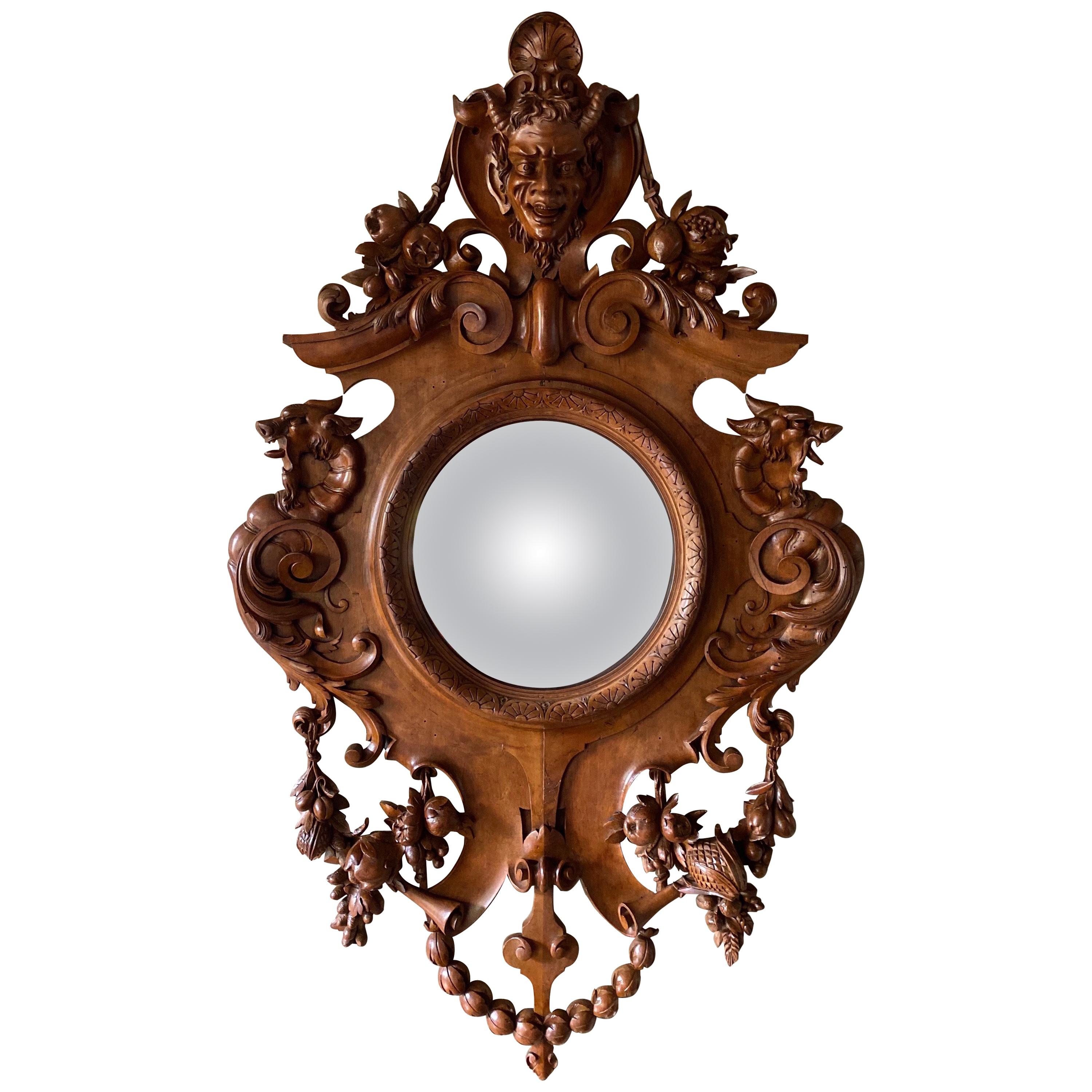 Large Continental European Black Forest Convex Mirror, Late 19th Century