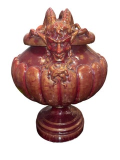 Large Continental Glazed Earthenware Faun Mask Jardinière. Early 20th Century.