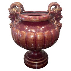 Large Continental Glazed Earthenware Faun Mask Jardinière. Early 20th Century.