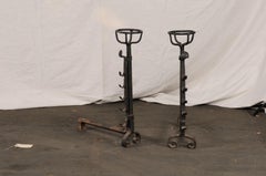 Large Continental Hand Forged Iron Andirons with Port Warmers, circa 1900